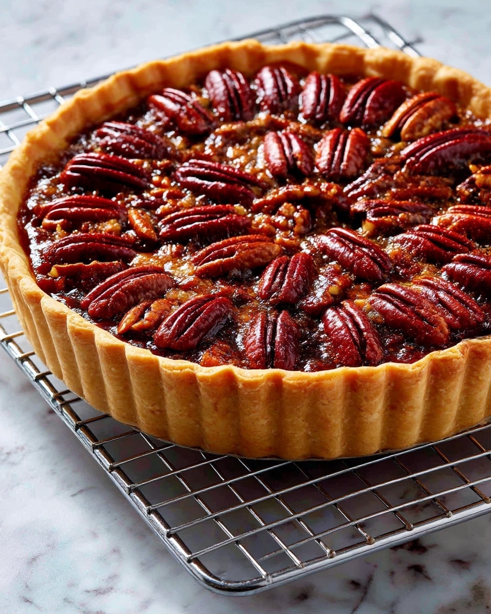 A round pecan pie with a golden brown crust sits on a metal cooling rack over a white marbled surface. The pie has three visible layers: the crust forms a thick, even ring on the bottom and sides; the rich, glossy filling inside is a dark caramel color with a smooth texture; the top layer is covered with whole pecans arranged tightly in circular rows, their shiny, deep reddish-brown shells creating a textured pattern across the surface. Photo taken with an iphone --ar 4:5 --v 7