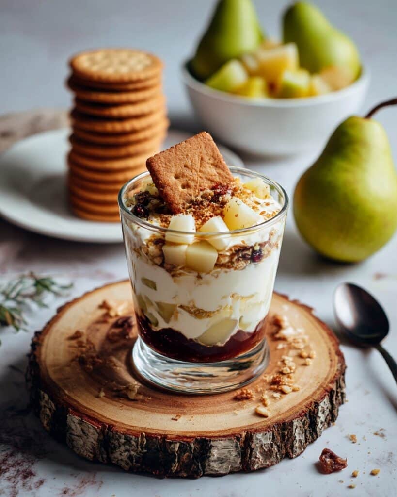 Verrine Chocolat Blanc, Praliné Croustillant et Poires Recipe