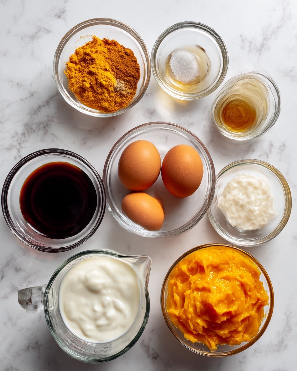 The image shows eight ingredients arranged neatly on a white marbled surface. Starting from the top left, there is a small clear bowl with pumpkin spice, a small clear bowl with vanilla extract next to it, and a small clear bowl with salt to the right. Below these, there is a small clear bowl filled with dark maple syrup on the left, and four whole brown eggs arranged in a square shape to the right. At the bottom left, there is a clear glass measuring cup filled with white coconut milk, and on the bottom right, a small clear bowl containing orange pumpkin purée. Each container clearly shows the color and texture of its contents, arranged in rows. Photo taken with an iphone --ar 4:5 --v 7