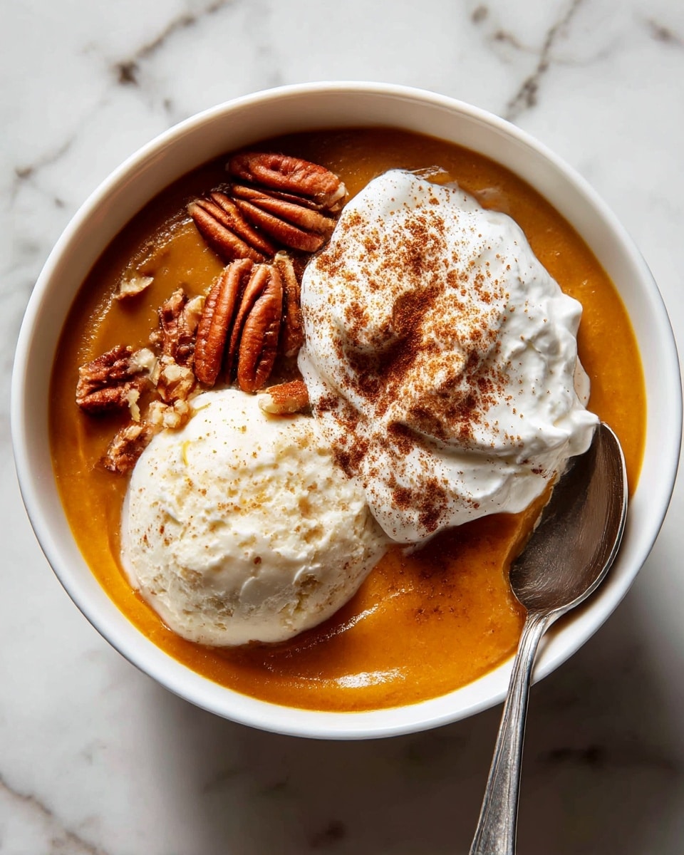 A white bowl filled with two layers of pumpkin-colored pudding, the top layer has a smooth texture and some visible toasted pecans scattered on it. On one side of the pudding, a large dollop of white whipped cream with a light dusting of brown cinnamon powder is placed, slightly overlapping the pudding. A spoon with a small scoop of the pudding is placed on the right side of the bowl on a white marbled surface. photo taken with an iphone --ar 4:5 --v 7
