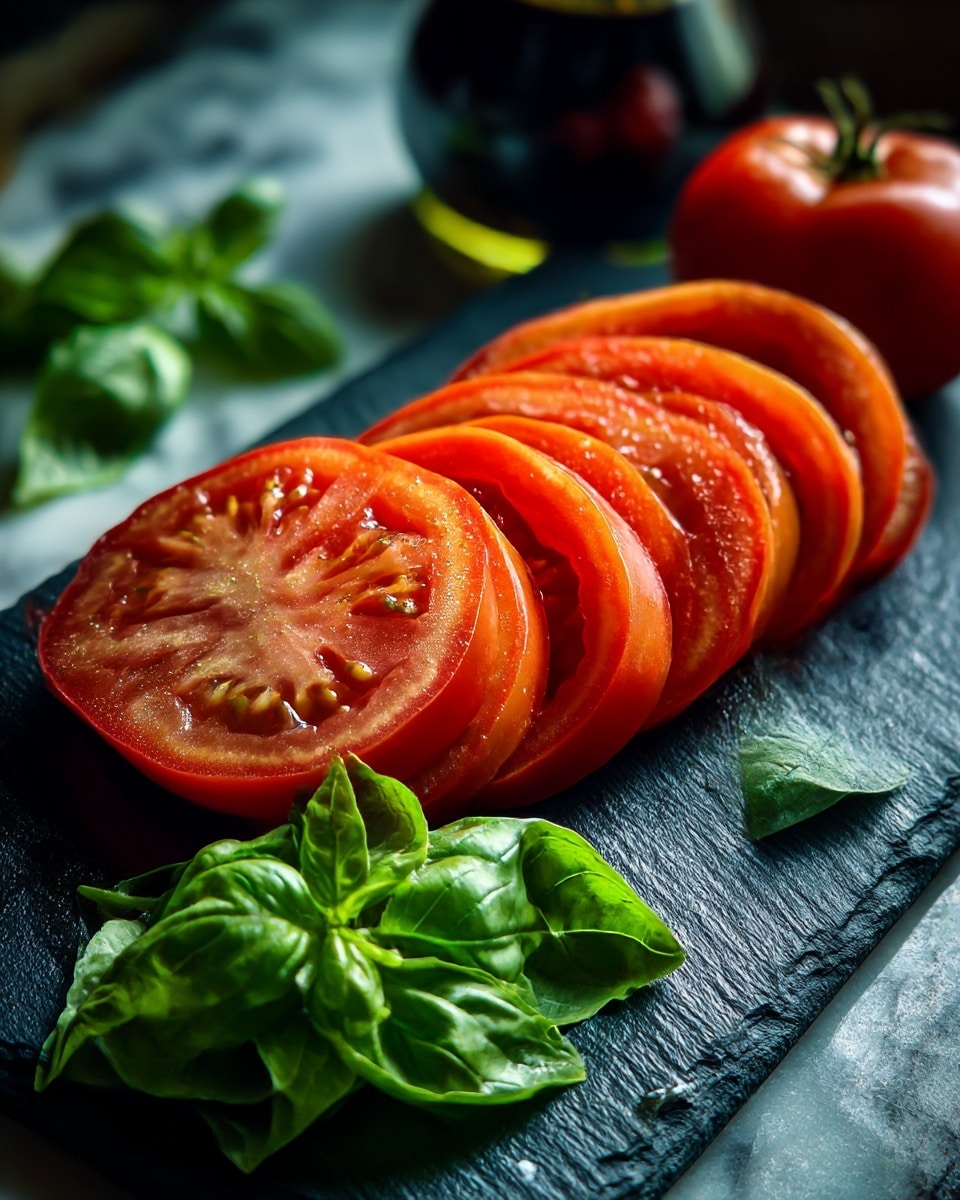 The image shows a neat row of seven bright red tomato slices laid on a dark slate cutting board with visible fine texture. To the right side of the tomatoes, there are fresh green basil leaves with smooth, slightly glossy surfaces stacked loosely. In the background, there is a blurry dark bottle, and the surface beneath is a white marbled texture. The composition focuses on the fresh and vibrant colors of the tomato and basil, with a soft natural light highlighting the freshness. Photo taken with an iphone --ar 4:5 --v 7