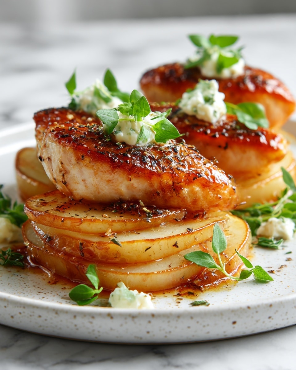 Three pieces of cooked chicken topped with thin slices of caramelized pear, arranged in layers with a golden-brown glaze and black pepper sprinkled on top. Each chicken piece is garnished with small green herb leaves and a dollop of creamy white sauce. The dish is placed on a round white plate with a subtle speckled pattern, set against a white marbled surface. The lighting highlights the juicy texture and shiny glaze of the chicken and pear. Photo taken with an iphone --ar 4:5 --v 7