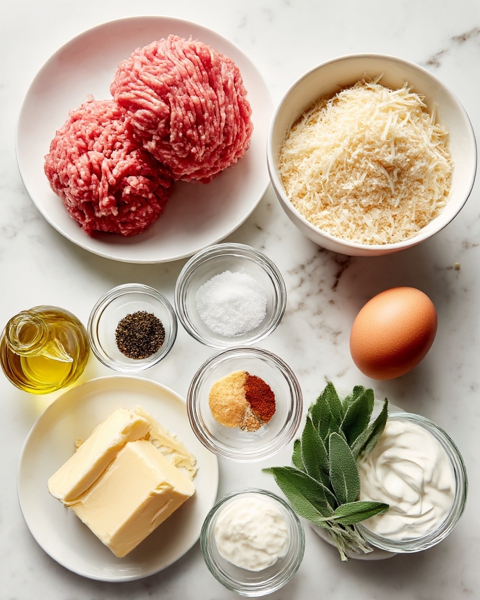 The image shows raw cooking ingredients neatly arranged on a white marbled surface. At the top left, there is a white plate holding two large portions of pink ground meat with fine grooves. To the right on the same level is a white bowl filled with light beige breadcrumbs. Below these, small clear glass bowls hold white salt, black pepper, and a light orange powder. An uncracked brown egg sits near the middle right of the image. At bottom left is a white plate with a small glass container of olive oil, a thick block of pale yellow butter, and some grated light yellow cheese. Near the bottom right, a small white plate holds fresh green sage leaves, and next to it is a small glass bowl with white cream. The overall layout is simple and clean, with all items easy to see, and the photo taken with an iphone --ar 4:5 --v 7
