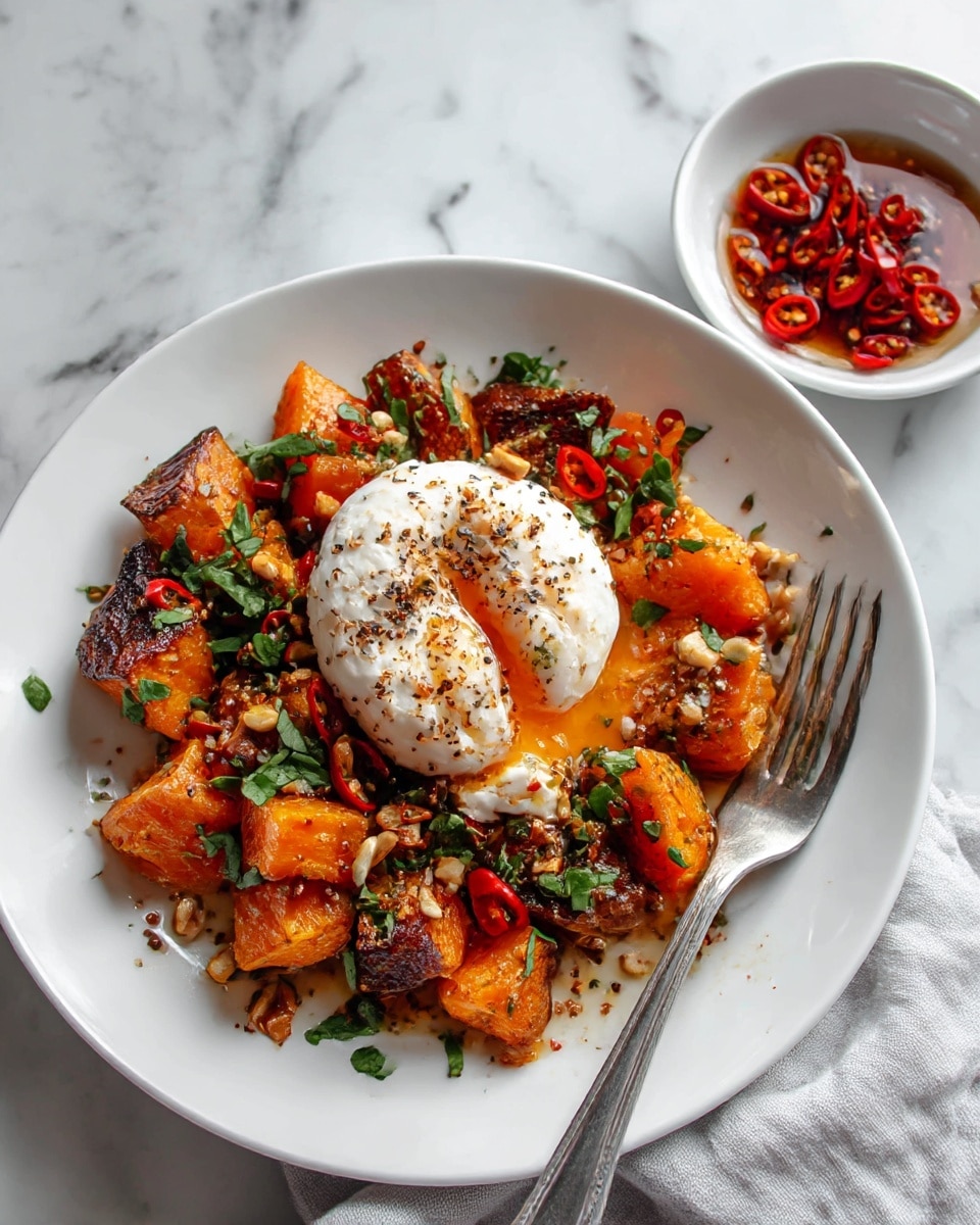 A white plate filled with several layers starting with a base of roasted orange squash pieces that have slightly dark, caramelized edges, topped with a large, round, white soft cheese or cream in the center, sprinkled with black pepper. Scattered over the squash and cheese are red chili slices, chopped green herbs, and small chopped nuts, giving a mix of colors and textures. A silver fork is placed inside the plate on the right side. In the background, there is a small white bowl with red chili slices and seeds in oil, all set on a white marbled surface with a light grey cloth beside the plate. Photo taken with an iphone --ar 4:5 --v 7