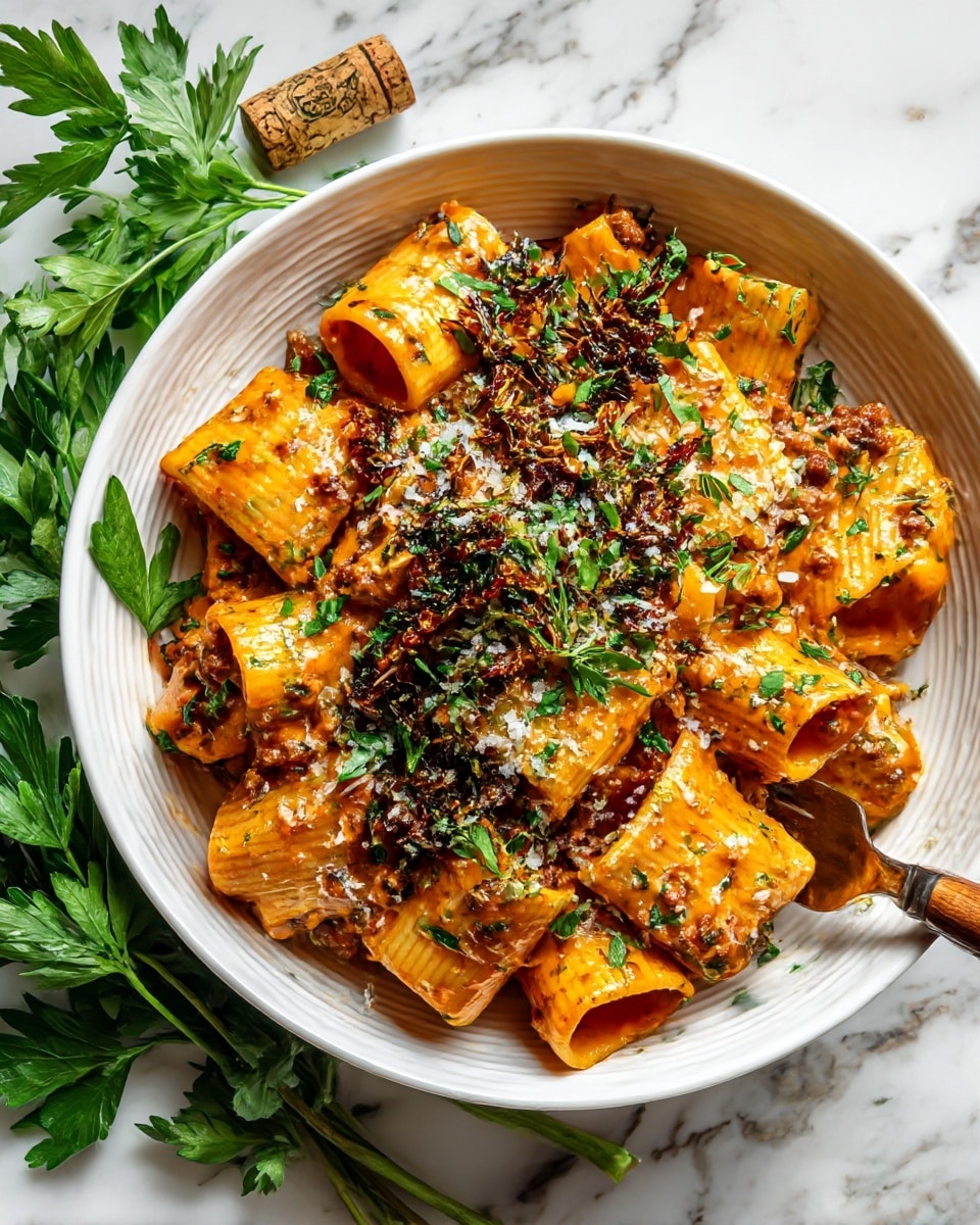 A close-up view of rigatoni pasta covered in a thick orange creamy sauce, mixed with cooked ground meat and small pieces of spinach or herbs. On top, there are many toasted walnut halves and pieces, adding texture and a dark brown contrast. A few shreds of white cheese are sprinkled over the dish. The food is served on a white ridged plate, resting on a white marbled surface. A fork with a wooden handle rests partially on the plate and leans into the pasta, ready to eat. Photo taken with an iphone --ar 4:5 --v 7