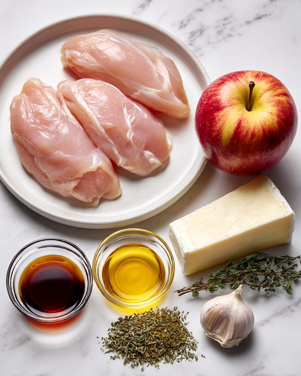 The image shows several raw ingredients arranged neatly on a white marbled surface. At the top left, two pieces of pale pink chicken meat lay on a simple white round plate. To the right of the plate rests a whole red and yellow apple with a smooth skin. Below the apple, a wedge of creamy white cheese with a soft rind is placed. Near the center right, a single clove of smooth, light-colored garlic sits alone. Below the chicken, there are three small clear glass bowls: one with dark amber maple syrup, one with bright yellow Dijon mustard, and one with dried greenish-brown thyme leaves. The overall setup is clean and well-organized, illustrating the raw elements for a recipe. Photo taken with an iphone --ar 4:5 --v 7
