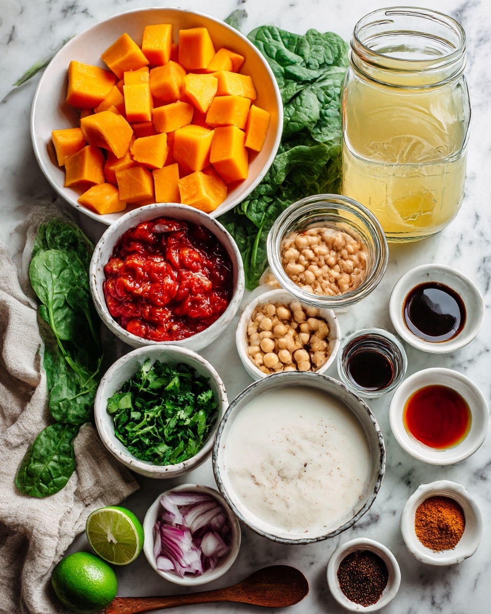 The image shows an overhead view of multiple white bowls arranged on a white marbled surface. The largest bowl at the top center holds bright orange butternut squash cubes. To the right, a tall glass jar contains light yellow vegetable broth. Below it, a white bowl filled with red canned tomatoes is visible. Below the tomatoes, a small bowl is filled with fresh green chopped cilantro. At the bottom center, a large white bowl contains creamy white coconut milk. To the bottom left, a large bowl holds pale beige chickpeas. Above it, a small bowl marked