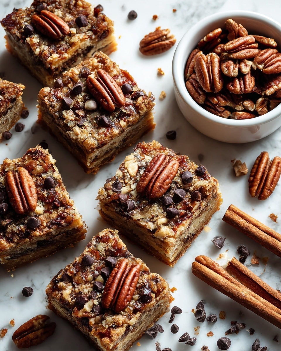 The image shows several square pieces of brown baked bars with a crumbly texture, topped with whole pecans and dark chocolate chips scattered on top. To the right, a small white bowl is filled with more whole pecans. The baked bars rest on a white marbled surface with some pieces of chocolate chips and cinnamon sticks nearby. The bars have a rich, dense look with visible pieces of nuts inside. Photo taken with an iphone --ar 4:5 --v 7
