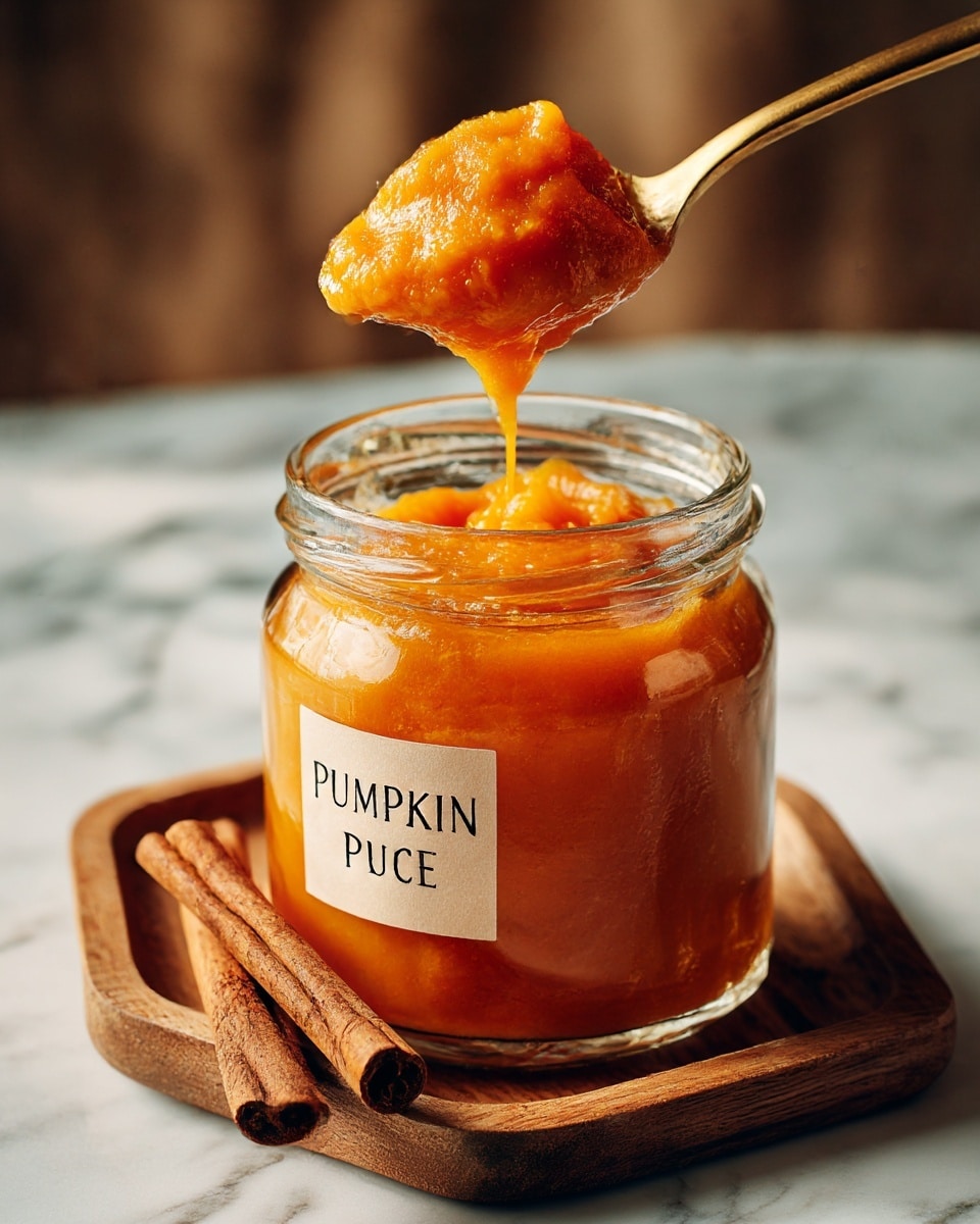 A clear glass jar filled with bright orange pumpkin puree sits on a wooden tray with cinnamon sticks in front. A golden spoon lifts a small scoop of thick, smooth pumpkin puree above the jar. A handwritten label reading