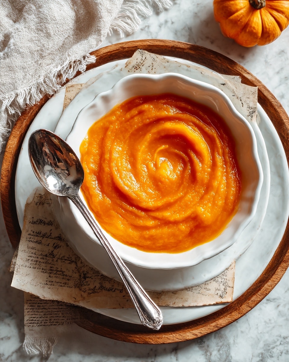The image shows a bowl filled with bright orange puree that has a smooth, thick texture with visible swirls on the surface. The bowl is white with a scalloped edge and sits on top of a white plate, which is placed on a round wooden tray. Underneath the bowl, there are two pieces of vintage paper with faded text. A spoon with a shiny, reflective surface rests diagonally inside the bowl, partially covered by the puree. The scene is set on a white marbled surface with a fringed light cloth and a small pumpkin visible in the corners, creating a warm and cozy atmosphere. photo taken with an iphone --ar 4:5 --v 7