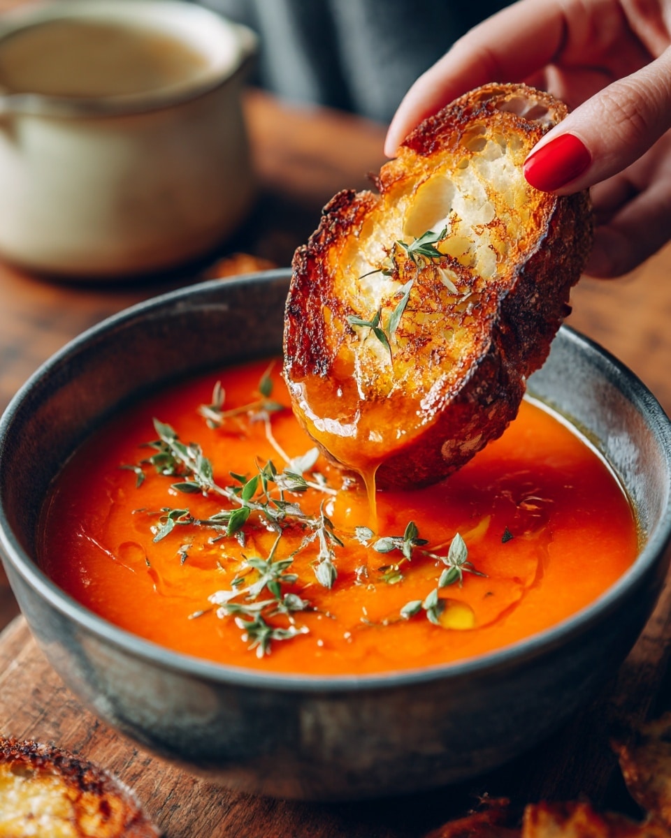 A deep gray bowl filled with a thick, smooth orange soup decorated with small green herbs and a drizzle of oil on top. A woman's hand with red-painted fingernails is dipping a piece of golden brown toasted bread into the soup, the bread held tilted and partially covered with the soup. The bowl sits on a wooden surface with a blurred light cream pot in the background. photo taken with an iphone --ar 4:5 --v 7
