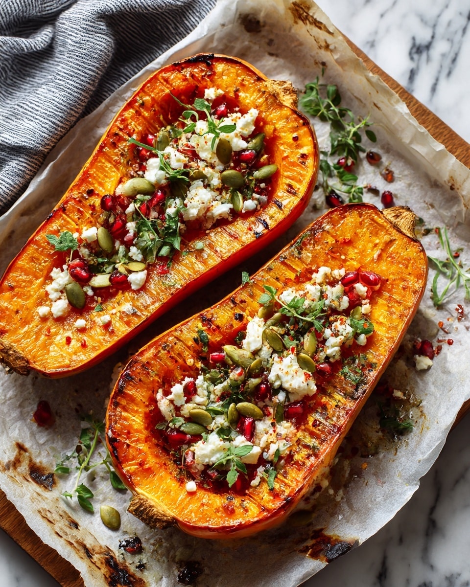 There are two large orange roasted squash halves on a large piece of parchment paper on a wooden board. Each squash half has many thin, close lines made by slicing across the top. On top of the squash, there is white crumbled cheese scattered, with green pumpkin seeds and small red chili flakes sprinkled across. Some small green herb leaves are on top and around the squash. The parchment paper has some oil stains and black roasted spots. The background is a white marbled surface with a striped grey cloth in the top left corner photo taken with an iphone --ar 4:5 --v 7