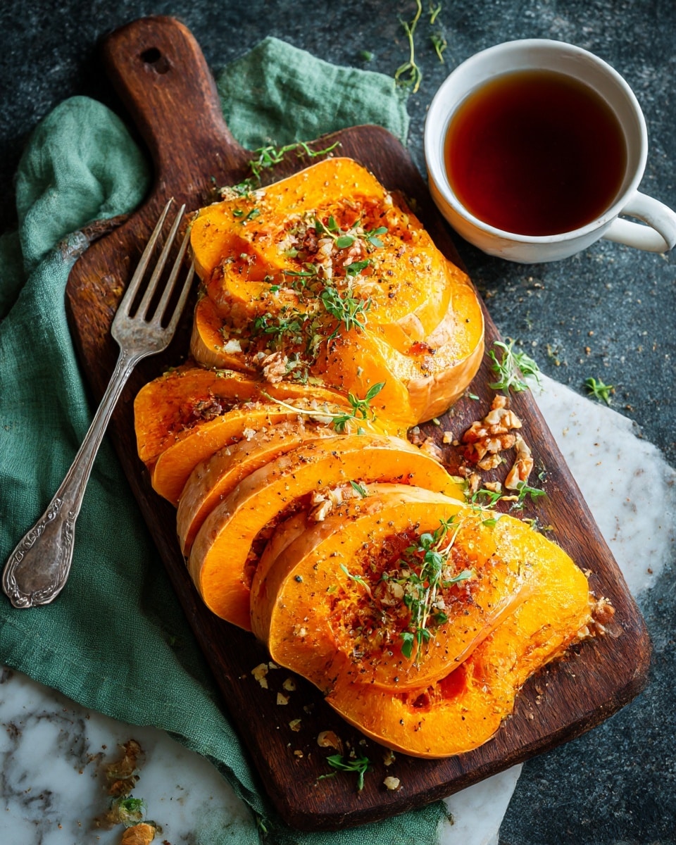 Two large orange butternut squash halves are arranged on a dark wooden cutting board, each sliced thinly but still connected at the base, forming layered fans. The squash surfaces are sprinkled with small green herb sprigs, crushed nuts, and black pepper seasoning, adding texture and detail. A vintage silver fork rests on the left side, placed on a green cloth that partially covers the white marbled surface underneath. To the right of the board, a white cup filled with dark tea adds contrast. The whole setup is on a dark textured background with natural lighting highlighting the rich colors and textures. Photo taken with an iphone --ar 4:5 --v 7