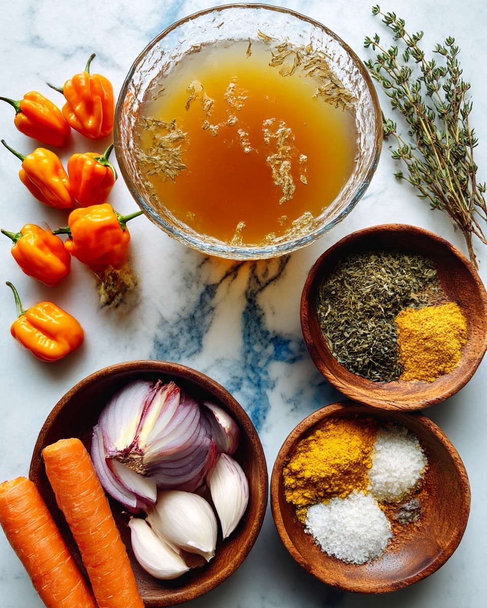 The image shows a top-down view of cooking ingredients on a white marbled surface. Center left is a large clear glass bowl filled with light brown bone broth. Next to it on the top right is a small wooden bowl with four different powdered spices in separate piles: dried green herbs, yellow turmeric, ground black pepper, and white garlic powder. On the bottom left, there is a wooden bowl holding sliced red onion and garlic cloves. Near the bottom center are two whole, bright orange carrots placed side by side. Above them to the left are three small orange habanero peppers on a wooden bowl along with some green thyme sprigs. On the right is a blue and yellow bag of Bare Bones Organic Chicken Bone Broth partially open. photo taken with an iphone --ar 4:5 --v 7
