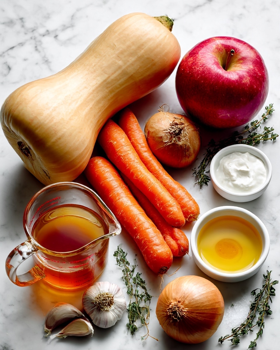 The image shows a flat lay of cooking ingredients on a white marbled surface, including a large butternut squash with smooth light orange skin on the left side, three bright orange carrots with slightly rough texture below it, a shiny red apple with a smooth surface near the center-right, and a medium brown onion with papery skin near the bottom. There are small white bowls containing amber maple syrup, golden olive oil, and white cream, placed near sprigs of fresh green thyme and near piles of white salt. A clear glass measuring cup filled with amber brown stock is on the bottom left, while a few cloves of garlic with papery white skins sit near the onion. The arrangement is neat, the colors warm and natural, all seen on a bright white marbled background. photo taken with an iphone --ar 4:5 --v 7