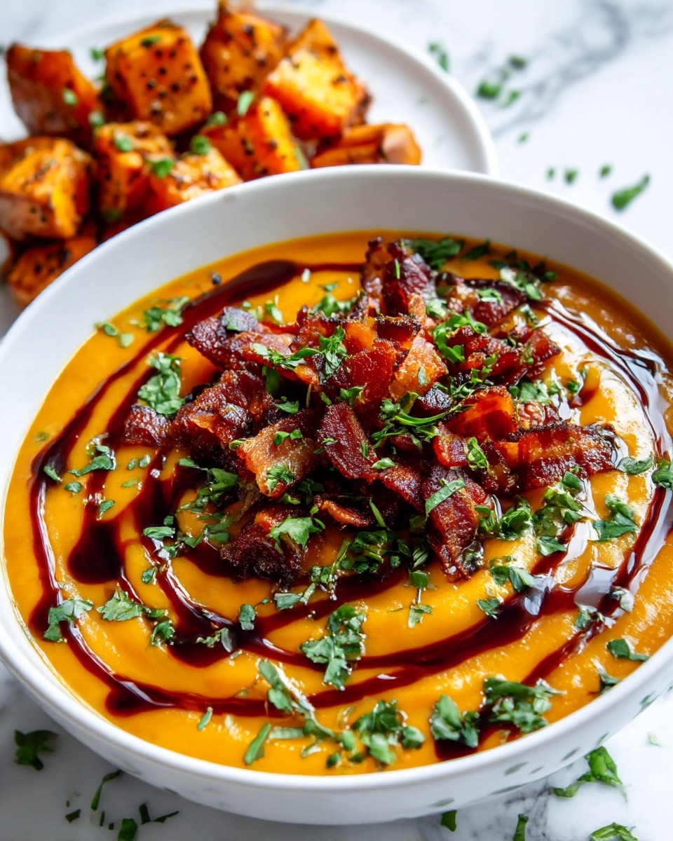 A white bowl filled with smooth, thick orange soup with a creamy texture forms the base layer. On top, there is a spiral drizzle of dark brown sauce across the surface. In the center, there is a pile of small, crispy dark reddish-brown bacon strips sprinkled with fresh green herb bits. Around the bowl, scattered green herbs add slight color contrast. Behind the bowl, chunks of roasted orange vegetables with specks of seasoning stay in a white plate, all placed on a white marbled surface. photo taken with an iphone --ar 4:5 --v 7