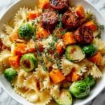 Autumn Sausage Pasta Bake with Roasted Butternut Squash and Brussels Sprouts Recipe