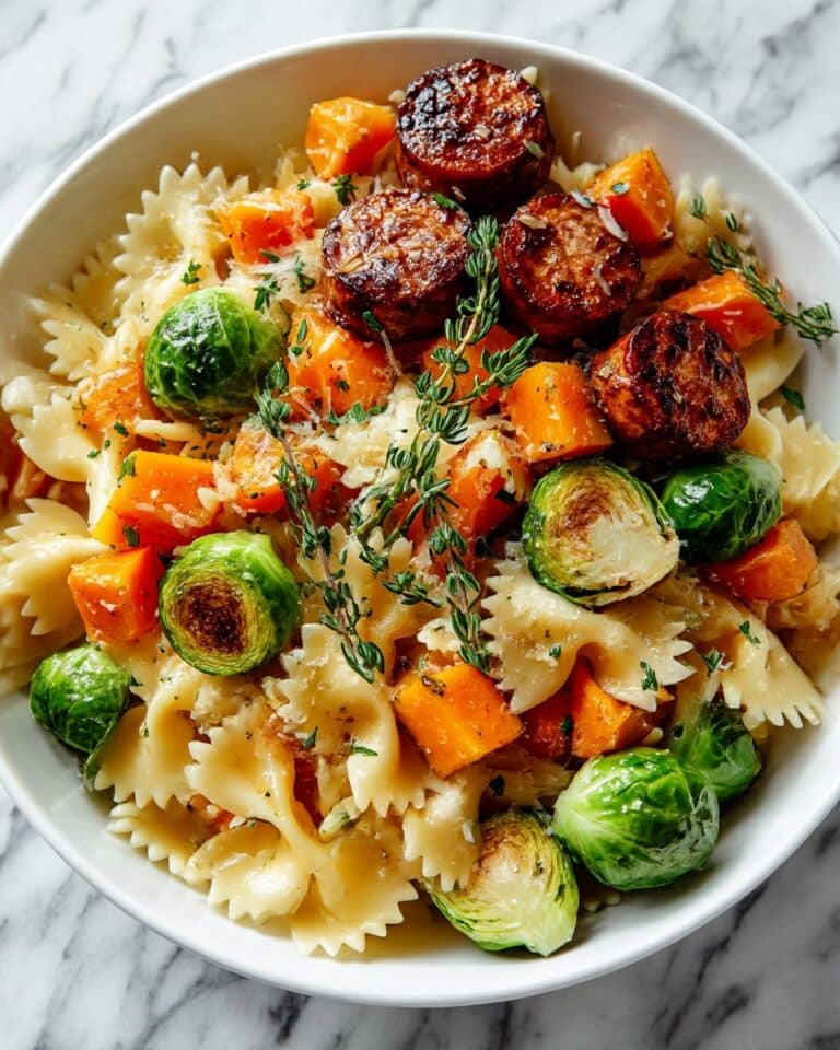 Autumn Sausage Pasta Bake with Roasted Butternut Squash and Brussels Sprouts Recipe
