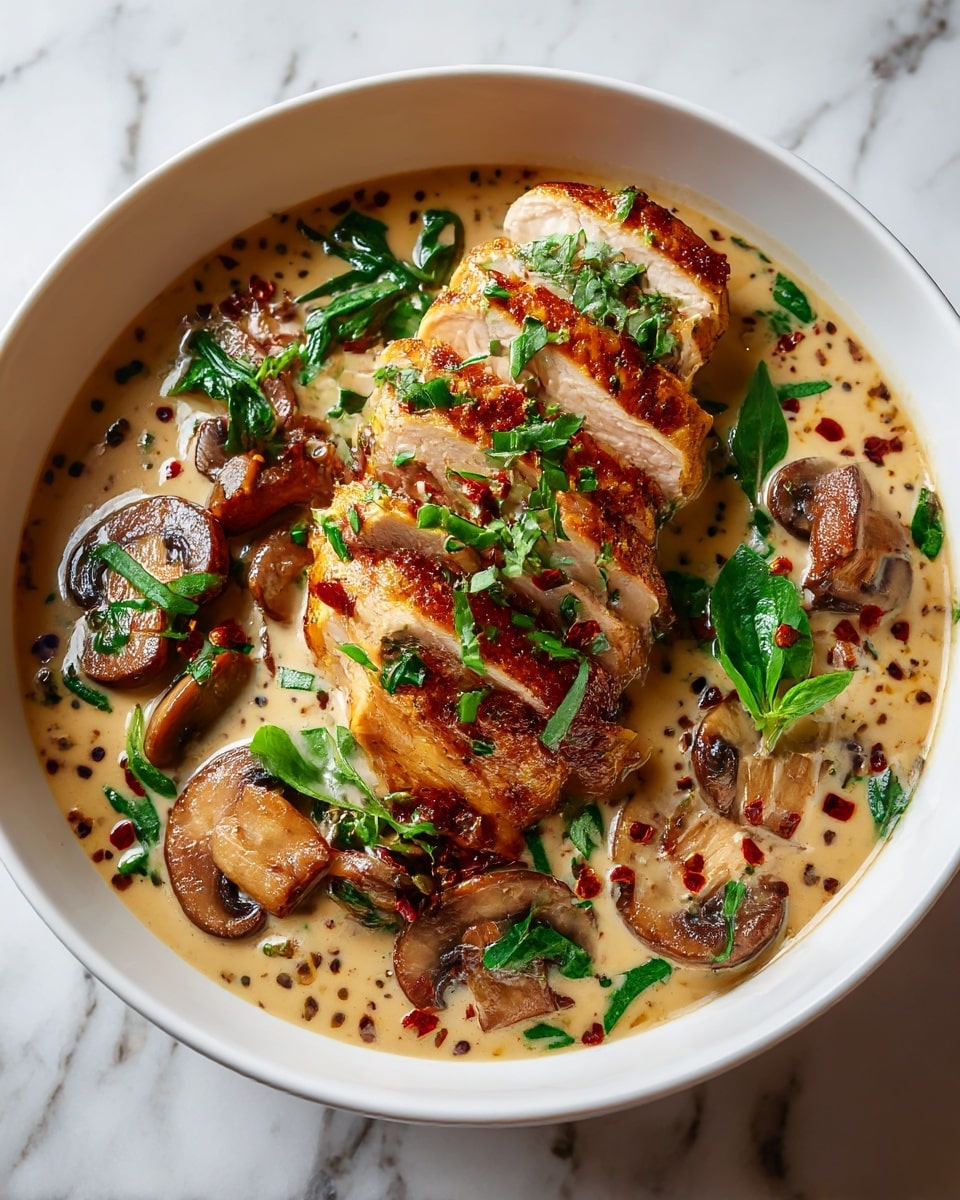 A white bowl is filled with creamy beige sauce that has visible specks of black pepper and red chili flakes. In the sauce, there are scattered pieces of sautéed mushrooms with a soft, brown texture and some green leaves adding color contrast. On top, a golden-brown cooked chicken piece is sliced into five thick parts, placed slightly angled, showing a juicy inside and a crispy outside. The bowl is set on a white marbled surface. Photo taken with an iphone --ar 4:5 --v 7