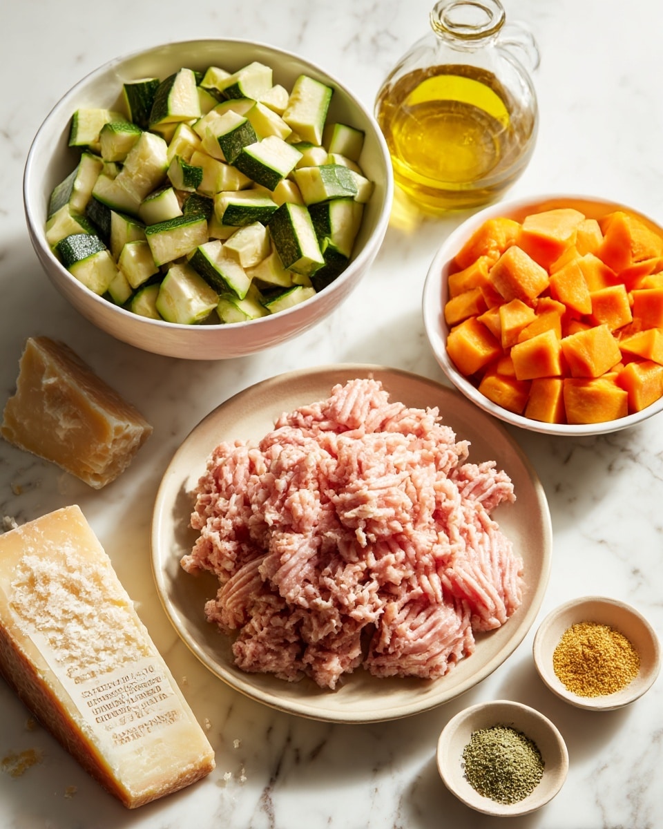 The image shows a kitchen scene with five main visual elements arranged on a white marbled surface. In the center near the bottom, a beige plate holds a layer of pale pink ground meat with visible texture lines. To the top left, a white bowl is filled with green and cream-colored chopped zucchini pieces, creating a mix of rough triangular shapes. To the bottom right, a white bowl contains chopped orange sweet potatoes, with uneven yet chunky pieces. Behind the plate of meat, to the right, there is a small glass jar filled with golden yellow olive oil. Next to the jar is a small beige dish holding two small piles of dry seasoning powders, one light yellow and the other greenish. In the bottom left corner, part of a wedge of pale yellow Parmesan cheese with a detailed label is visible. The overall scene is clean and bright with soft natural light. Photo taken with an iphone --ar 4:5 --v 7