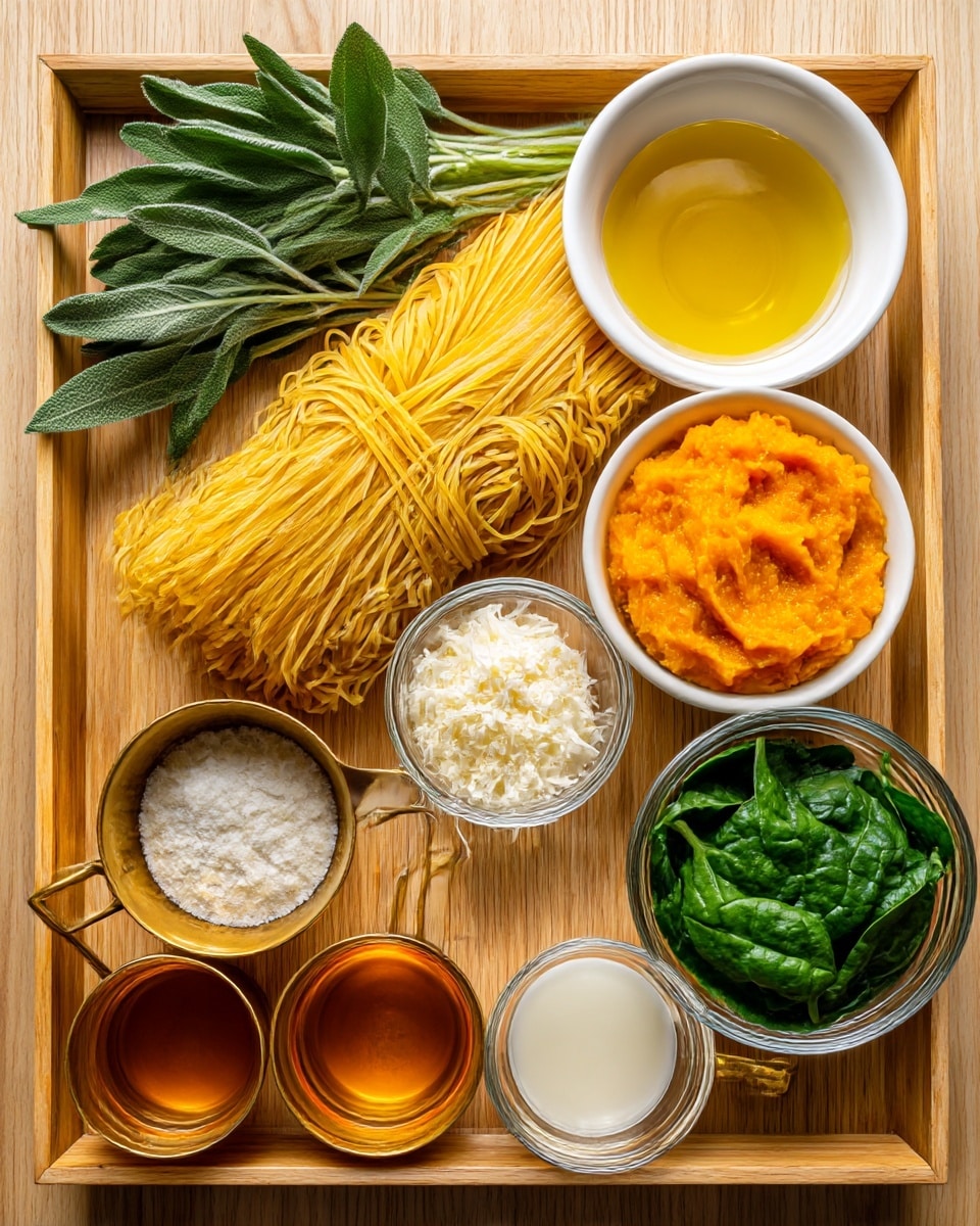 The image shows a wooden tray with different cooking ingredients neatly arranged and labeled. In the center, there is a bundle of uncooked yellow pasta strands lying flat. At the top middle, a small white round bowl holds golden olive oil. To the right of the pasta, there is a white bowl filled with bright orange pumpkin puree. Below the pumpkin, a small gold measuring cup holds grated white Parmesan cheese. At the bottom right corner, a clear glass bowl contains fresh green spinach leaves. Below the pasta, a gold measuring cup holds light brown broth, while another gold measuring cup at the bottom center contains clear white wine vinegar. To the left of the pasta, a small clear bowl holds minced garlic, and above that, a bunch of fresh green sage leaves rests on the tray. At the bottom left, two gold measuring cups have white milk and broth inside. The background is a light wooden texture, and all the containers are placed neatly in an organized way. Photo taken with an iphone --ar 4:5 --v 7