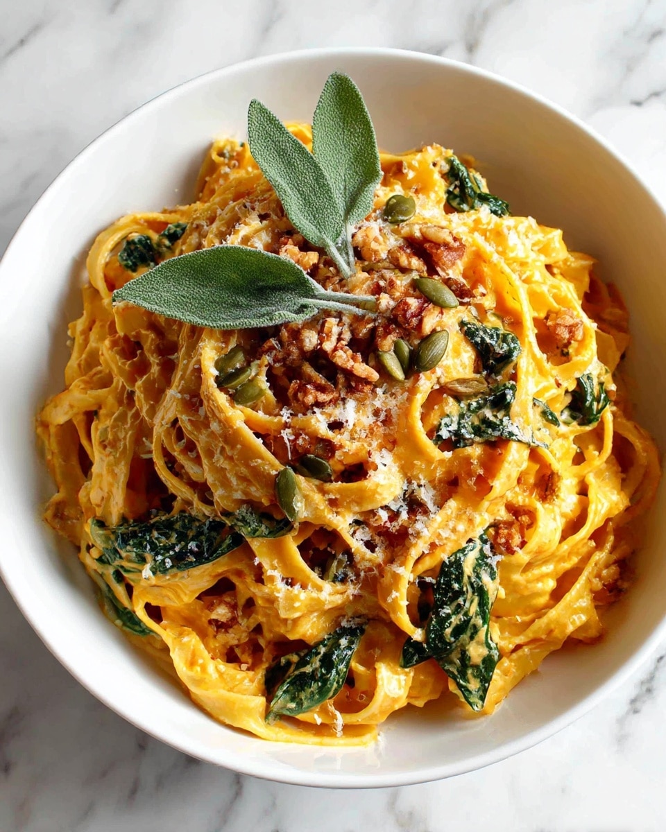 A white bowl holds a serving of fettuccine pasta coated in a thick, creamy orange sauce. The fettuccine strands are twisted and layered in the bowl, mixed with dark green wilted spinach leaves scattered evenly throughout. On the top layer, there are small, light brown walnut pieces and green pumpkin seeds sprinkled around. Fresh sage leaves are placed on top, adding a touch of green and texture. The pasta has a dusting of grated white cheese, lightly covering the surface. The bowl is placed on a white marbled surface. photo taken with an iphone --ar 4:5 --v 7