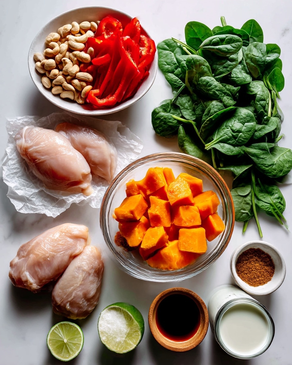 The image shows an overhead view of raw ingredients arranged neatly on a white marbled surface. On the left side, two pieces of pale, raw chicken lie on a crumpled white paper. Above the chicken is a small white bowl filled with beige cashews. Near the top center, a clear glass bowl holds bright red sliced bell peppers. To the right, another clear glass bowl contains bright orange cubed squash. Around the bowls are small white dishes holding a brown paste, light brown granulated powder, and dark brown liquid. A small wooden bowl contains white salt. Fresh, vibrant green spinach leaves and cilantro sprigs are placed on the right side beside an open can of white coconut milk. Two halved limes with bright green flesh are near the center bottom. The overall scene is balanced, colorful, and clean. Photo taken with an iphone --ar 4:5 --v 7