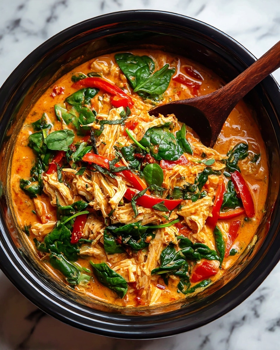 This image shows a close-up of a thick orange sauce mixed with shredded pale yellow chicken pieces and bright red bell pepper strips. Fresh green spinach leaves are scattered and partly soaked in the sauce, adding a leafy texture on top. A dark wooden spoon stirs the mixture, slightly submerged in the sauce, highlighting the creamy consistency. The dish is inside a black container, placed on a white marbled surface. photo taken with an iphone --ar 4:5 --v 7