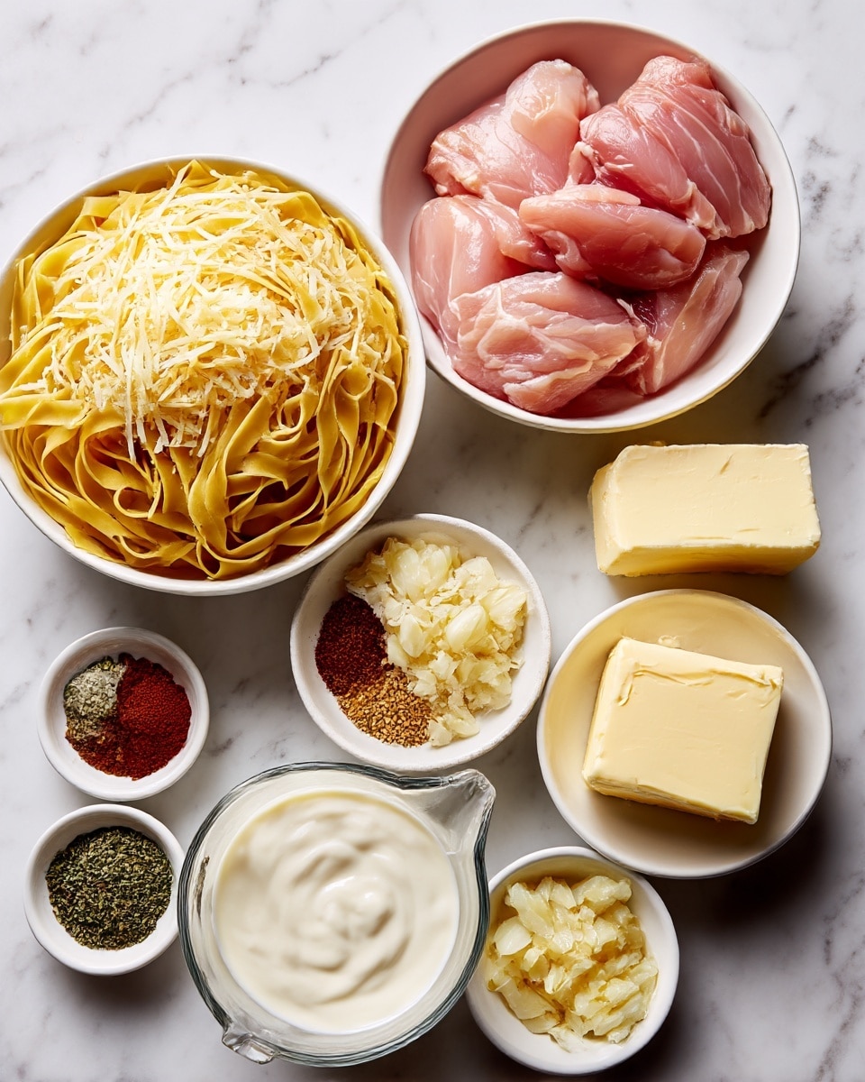 A white bowl at the bottom left holds uncooked yellow fettuccine pasta with a flat and soft texture. Above it, a white bowl is filled with shredded yellow Parmesan cheese, showing a fine texture. To the right, a white bowl contains three raw pink chicken pieces with a smooth, moist surface. Next to the chicken, a small white bowl at the bottom right has minced pale yellow garlic. Directly above the garlic, a white dish holds a rectangular light yellow block of butter. To the butter’s right, a glass measuring cup is filled with creamy white heavy cream, having a smooth texture. At the upper left, two small white bowls contain different dried herbs and spices in green, brown, red, black, and white colors, showing fine and coarse granules. All items rest on a white marbled surface. Photo taken with an iphone --ar 4:5 --v 7