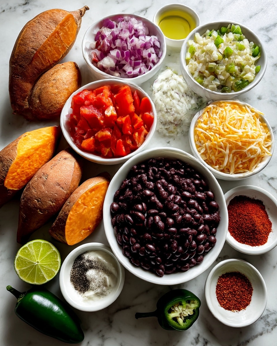 The image shows several ingredients for cooking arranged neatly on a white marbled surface. In the center, there is a white bowl full of dark brown black beans. Surrounding it are smaller white bowls with different ingredients: bright red chopped tomatoes, light purple diced onions, shredded pale yellow cheese, chopped green bell peppers, minced white garlic, pale yellow olive oil, smooth white yogurt, and a mix of black and white salt and pepper. On the left side, three medium brown sweet potatoes, a halved bright yellow-green lime, and a whole dark green jalapeño are placed. At the bottom right, there is a small white dish with red paprika powder. Everything is spread out with clear labels on a clean white marbled background. photo taken with an iphone --ar 4:5 --v 7