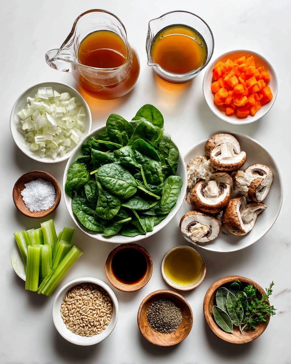 A top-down view showing many small white bowls and containers arranged on a white marbled surface, each filled with different fresh ingredients. In the center, a bowl holds fresh green spinach leaves with a dark texture. To its right, a white bowl is filled with sliced baby bella mushrooms, half brown and half white. Below the mushrooms, a small container has light brown barley grains with a rough texture. To the left, there is a white bowl with chopped white onions with a soft texture. Next to it is a white bowl filled with sliced green celery. Near the bottom left, there's a small wooden bowl with white salt crystals. Above salt, a glass jug contains brown broth with a smooth surface. Near the top, a white bowl shows orange diced carrots. Small wooden bowls hold black pepper, thyme, oregano, and a bay leaf. A small white bowl contains minced yellow garlic. Two small containers hold shiny golden olive oil and dark tamari sauce. Fresh green parsley leaves are placed in a small white bowl. All bowls are arranged neatly with clear ingredient labels and the photo is taken with an iphone --ar 4:5 --v 7