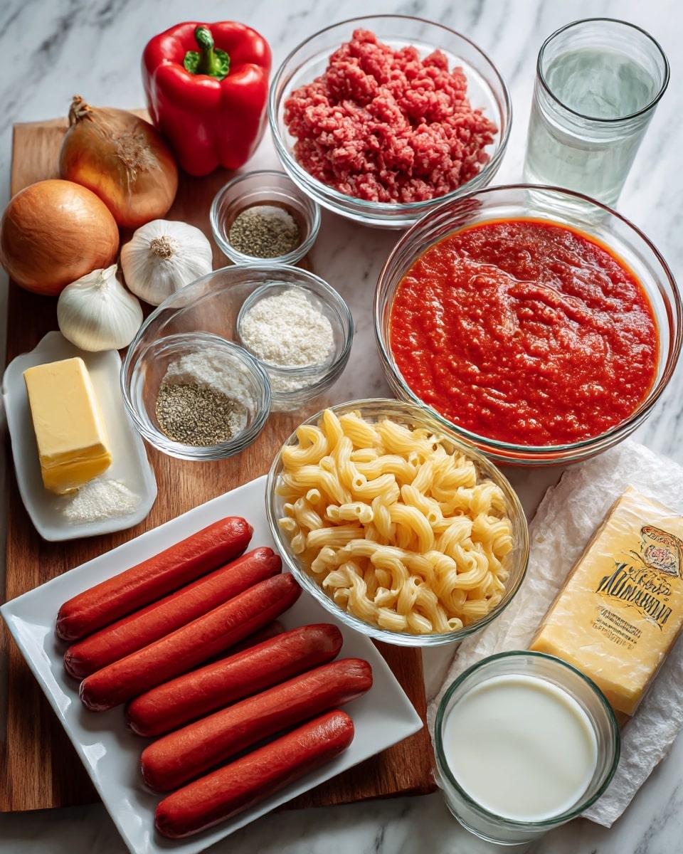 The image shows a wooden table with various cooking ingredients neatly arranged. There is a white square plate holding six red hot dogs in the lower left center. Nearby, a clear glass bowl contains elbow macaroni with a pale yellow color, positioned in the lower center. A large clear glass bowl filled with bright red sweet-style spaghetti sauce sits to the right of the macaroni. Above it, a smaller glass bowl holds raw lean ground beef with a pinkish-red color. Next to the beef are smaller glass bowls with white flour, white salt, and black pepper. To the left, a red bell pepper, whole garlic bulb, and yellow onion are arranged along with a slab of pale yellow butter on a small white dish near the center top. A glass cup filled with clear water and a white bowl with white milk are placed at the bottom right. A rectangular piece of pale yellow cheese wrapped in white paper is on the upper right along with a small glass container of clear cooking oil. The surface background is a white marbled texture. photo taken with an iphone --ar 4:5 --v 7