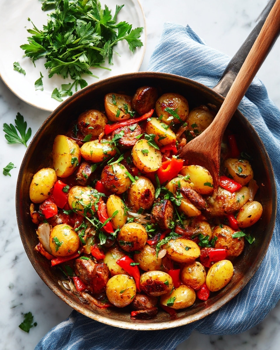 A dark pan filled with cooked small round golden potatoes, sliced brown sausage pieces, and small chunks of red bell pepper, all mixed together with a light char on their surfaces. A wooden spoon rests inside the pan on the right side. The pan sits on a soft, folded blue-striped cloth on a white marbled surface. In the top left corner, there is a white plate holding fresh green parsley leaves, with a few parsley leaves scattered near the plate photo taken with an iphone --ar 4:5 --v 7