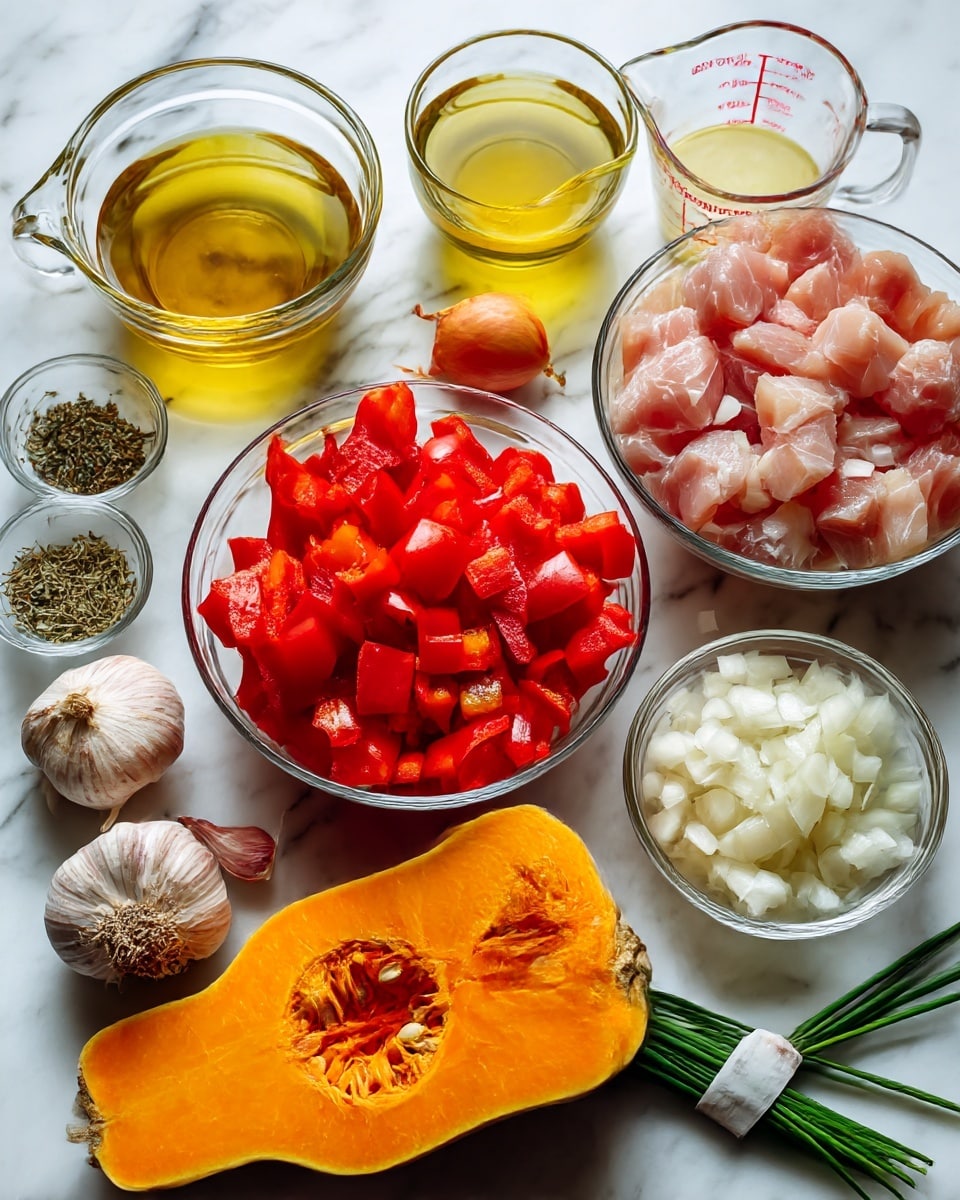 The image shows cooking ingredients arranged on a white marbled surface. In the center, there is a clear glass bowl filled with bright red chopped bell peppers. To its right is another clear bowl with chunks of raw pork, pale pink with white fat. Below that is a bowl full of chopped white onions. At the top right, there is a glass measuring cup with light yellow liquid, and to the left of it, a round glass bowl filled with golden olive oil. On the left side, a small clear bowl contains dried herbs, with a whole garlic head and a few garlic cloves beside it. At the bottom of the image, a halved butternut squash with vibrant orange flesh and seeds exposed is positioned on the surface. A small bundle of green chives wrapped with a white band lies below the squash, next to a small label. The colors are bright and natural, and everything is placed neatly, ready for cooking photo taken with an iphone --ar 4:5 --v 7
