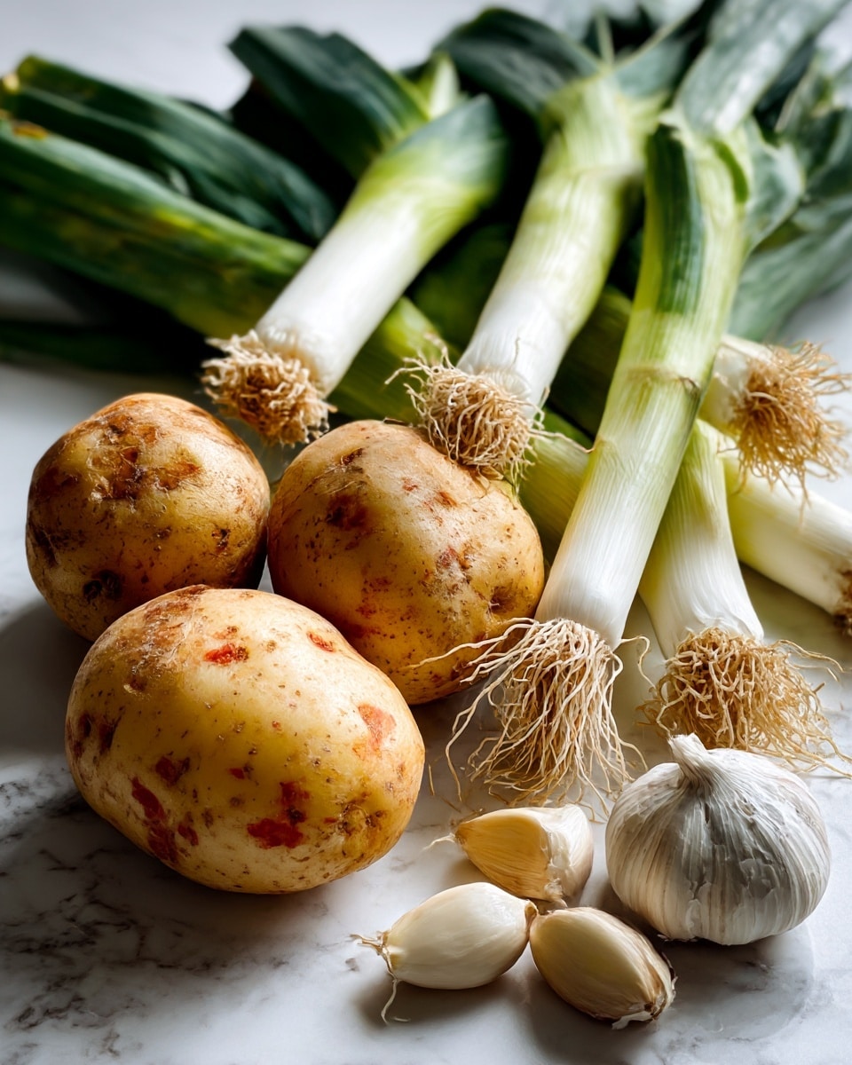 The image shows fresh vegetables placed closely together on a white marbled surface. In the foreground, there are two large, round potatoes with light brown skin and some red spots. Behind the potatoes, there are several white and green leeks with their white root ends facing forward, showing fine, stringy root tips. To the right at the bottom, two peeled garlic cloves rest near the leeks. The background is softly blurred with dark and light colors, keeping focus on the vegetables. photo taken with an iphone --ar 4:5 --v 7