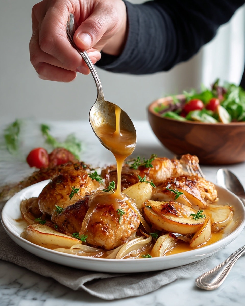 The image shows a fresh raw whole chicken with pale pink skin placed on a white cutting board at the right. In front of the chicken, there are three shiny red apples with smooth skins arranged close together. To the left of the chicken are two small shallots with light brown skins and a bunch of fresh green thyme herbs with small leaves. Behind the herbs are containers of spices and liquids: an orange container of mustard, a glass bottle with a red cap of soy sauce, a brown container of thyme spice, a carton of yellow and white chicken cooking stock, and a small bottle of light yellow apple cider vinegar with a black lid. All these items are placed on a wooden surface with a warm brown tone. photo taken with an iphone --ar 4:5 --v 7
