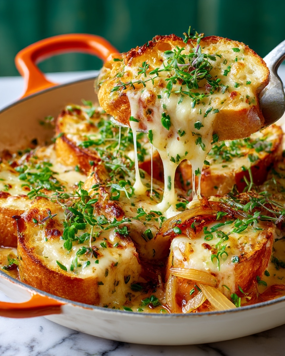 The image shows a close-up of a large white pan with orange handles, filled with several toasted bread slices topped with melted, golden cheese. Each bread slice has a light brown crust with a crispy texture, and the cheese layer on top is creamy white with some browned, bubbly spots. One slice is being lifted by a metal spatula, showing soft, slightly stringy melted cheese dripping from the sides and caramelized onions beneath. The pan sits on a white marbled surface with a blurred green background. photo taken with an iphone --ar 4:5 --v 7