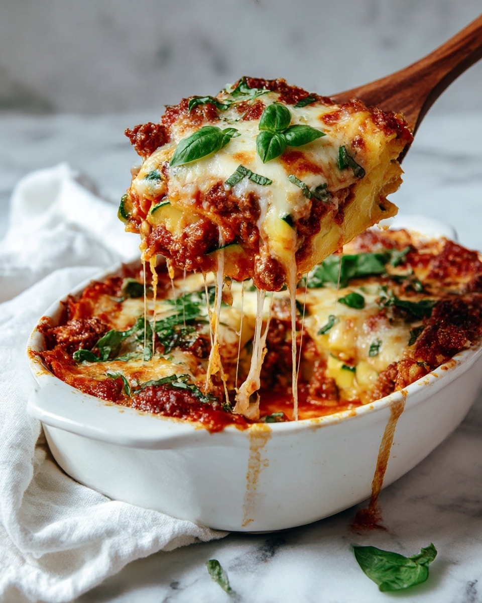 A white dish filled with a layered baked lasagna has a top layer of melted white cheese with brown spots from baking and scattered fresh green basil leaves. Under the cheese, there is a red-orange tomato sauce mixed with chunks of light brown cooked ground meat and green zucchini pieces, giving a mix of textures throughout. The lasagna noodles are pale yellow and visible peeking through the sauce and cheese. A wooden spoon lifts one portion from the dish, showing gooey cheese stretching with sauce and noodles inside. The scene is set on a white marbled surface with a white cloth nearby, photo taken with an iphone --ar 4:5 --v 7