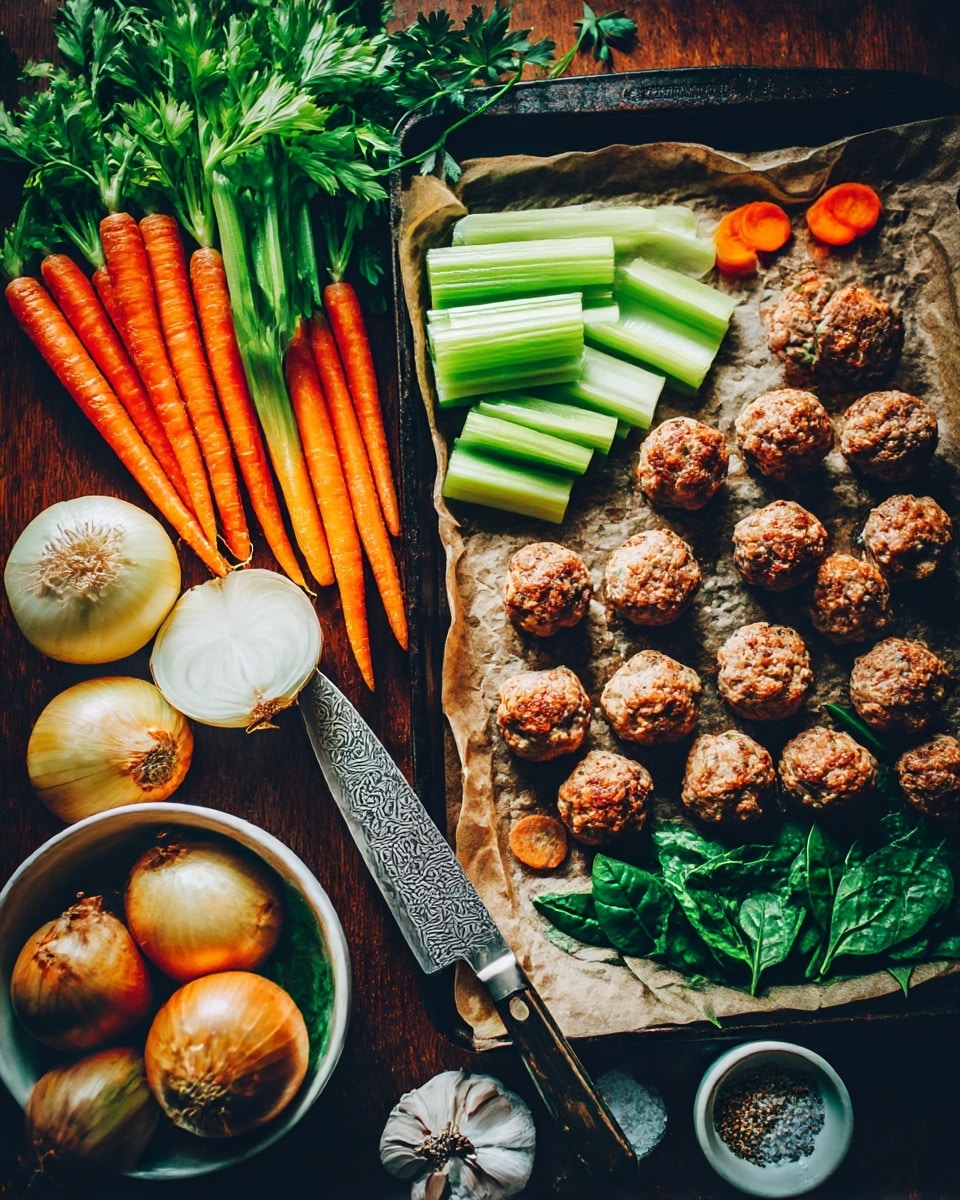 The image shows a kitchen scene with small, evenly shaped meatballs placed in rows on the right side on a baking tray lined with brown paper; to the left, there are chopped celery pieces that are light green and curved at the edges, stacked neatly, with long orange carrot sticks positioned above and small round carrot slices below; a polished knife with a patterned blade lies diagonally, partially covering the carrots; above the celery, a bunch of fresh green parsley leaves is placed with stems pointing right; at the bottom left, there are two whole yellow onions, one halved exposing white layers, several garlic cloves with skin, and leafy green spinach piled inside a white bowl; scattered around are uncooked grains and two small bowls holding coarse salt and mixed pepper; the wooden table surface contrasts with the colors of the fresh vegetables and spices; photo taken with an iphone --ar 4:5 --v 7