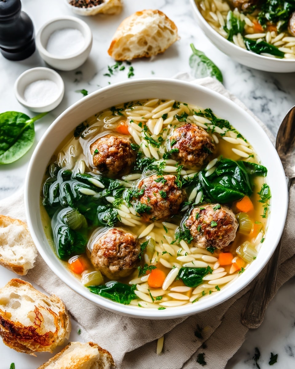 A white bowl with a clear broth soup filled with five round meatballs sitting in the middle and bottom areas. There are small pieces of orange carrot slices scattered throughout, along with pieces of green celery and dark green spinach leaves floating on top. Small, off-white orzo pasta is spread evenly across the top layer of the soup, mixed with chopped green herbs. Around the bowl on a beige cloth, there are torn pieces of soft bread with a golden brown crust. The scene is set on a white marbled surface with another bowl, white salt bowl, and black pepper bowl partially visible in the frame. Photo taken with an iphone --ar 4:5 --v 7