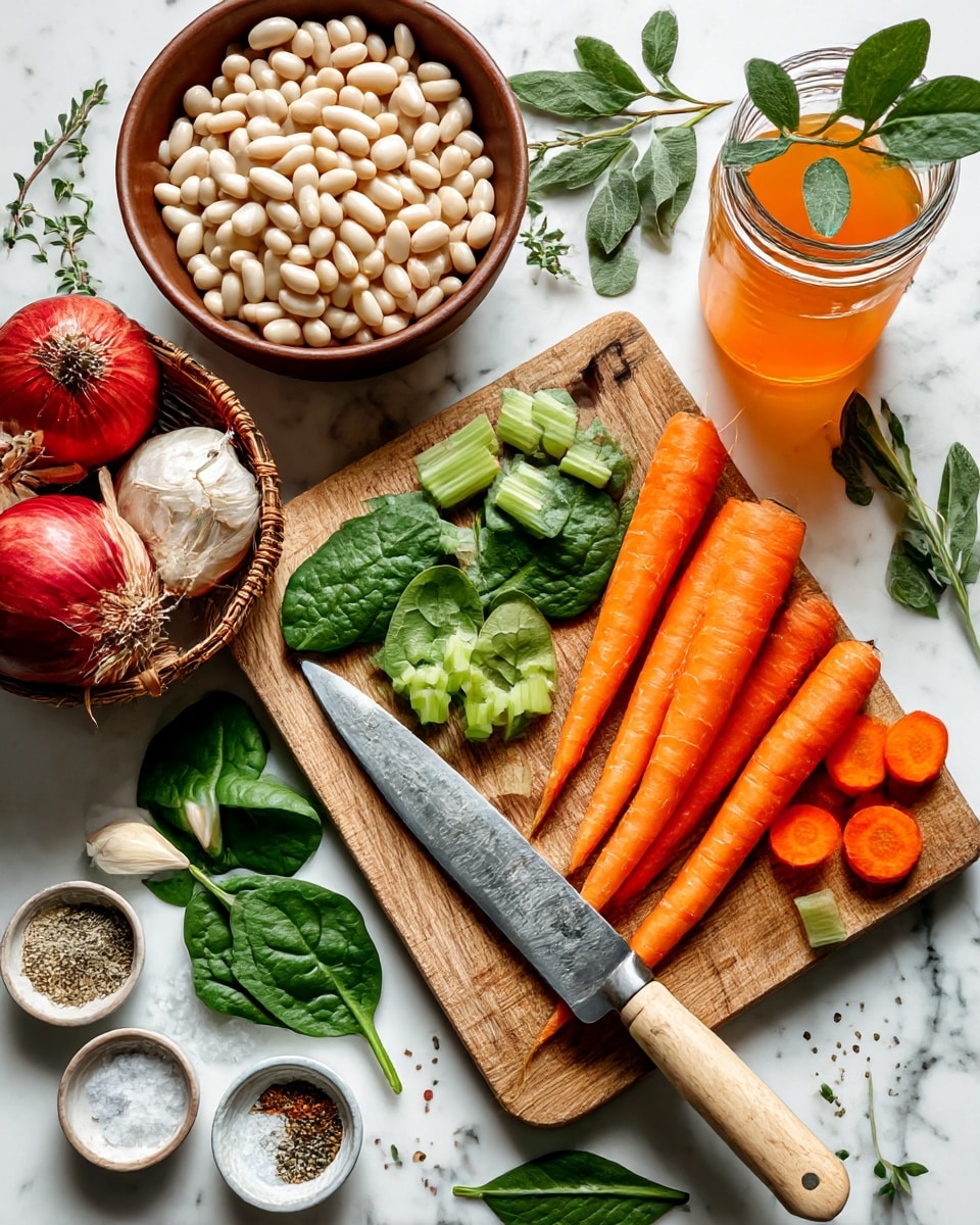 The image shows a wooden cutting board placed on a white marbled surface, with a knife with a light wooden handle resting on it. On the board, there are three whole carrots, some sliced carrot rounds, chopped celery pieces, and fresh spinach leaves scattered around the edges. Above the board, a brown bowl filled with white beans sits next to a glass jar with an orange liquid. There is a basket with red and white onions and garlic cloves, with additional garlic cloves scattered nearby. Small bowls holding salt and mixed dried herbs and spices are near the cutting board. Sprigs of fresh green herbs are also placed around the setup. photo taken with an iphone --ar 4:5 --v 7