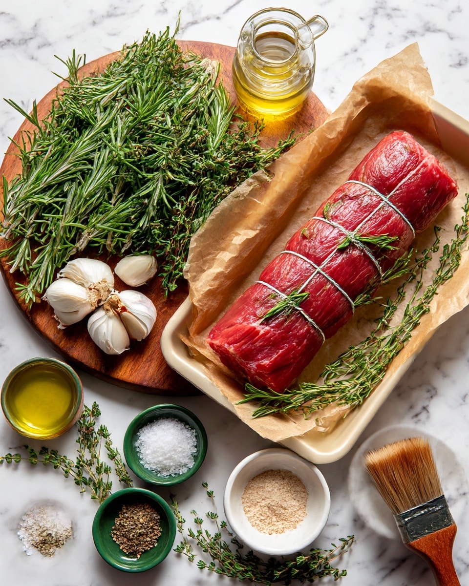 A long, tied piece of raw red meat sits on brown parchment paper inside a beige baking tray, positioned on the right side of the image. To the left, there is a wooden round board covered with fresh green rosemary and thyme sprigs. Scattered around are garlic cloves, a whole garlic bulb, and two small round green bowls filled with salt and black pepper. A clear glass container with golden oil and a wooden bowl with light beige powder are also visible. A white bowl with a brown brush rests partially on the right edge. Everything is arranged on a white marbled surface. photo taken with an iphone --ar 4:5 --v 7