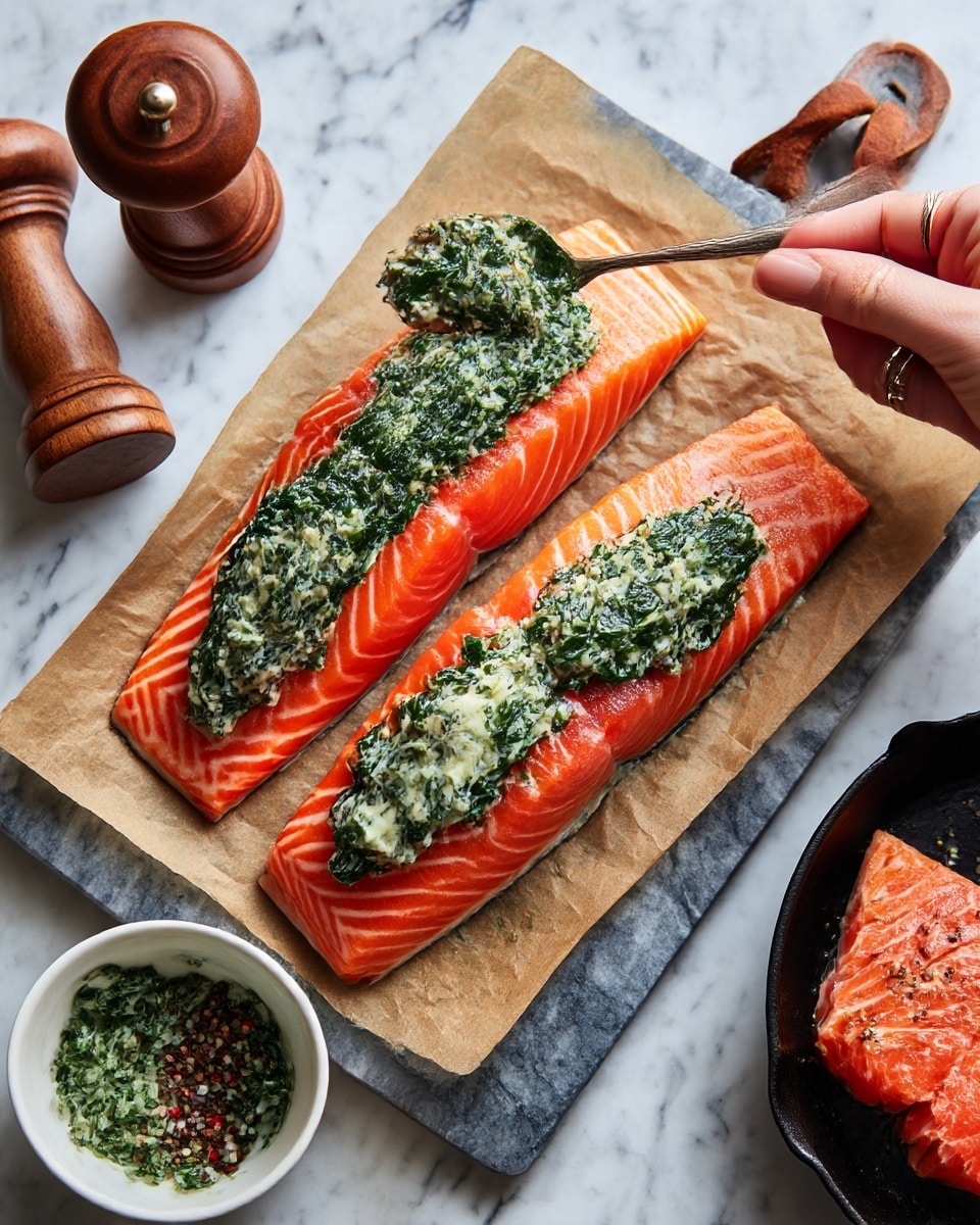 Two bright orange raw salmon fillets with white lines are placed on brown parchment paper over a gray marble cutting board with a leather loop on the handle; each fillet has a scoop of light green creamy spinach mixture spread in the middle of the thick part. A woman's hand with two rings holds one fillet and uses a spoon to add more spinach mixture from a white bowl below, which still contains some of the mixture on its sides. A wooden pepper grinder and a black mortar with crushed spices, as well as a black cast iron pan with a piece of salmon, are visible on the white marbled texture surface around the cutting board. photo taken with an iphone --ar 4:5 --v 7