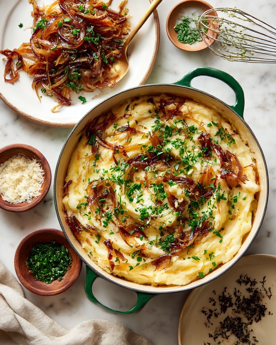 A large green-handled pot filled with creamy mashed potatoes that have swirled caramelized onions mixed throughout, creating dark brown streaks on the pale yellow surface. To the top left, a white plate holds more caramelized onions along with a golden spoon resting inside. Around the pot, small wooden bowls contain chopped green herbs and grated cheese, while a beige plate near the bottom right has some dark dried herbs scattered on it. The background is a white marbled surface with a beige cloth partially visible on the bottom left and a metal whisk with remnants of creamy batter on the top right. photo taken with an iphone --ar 4:5 --v 7
