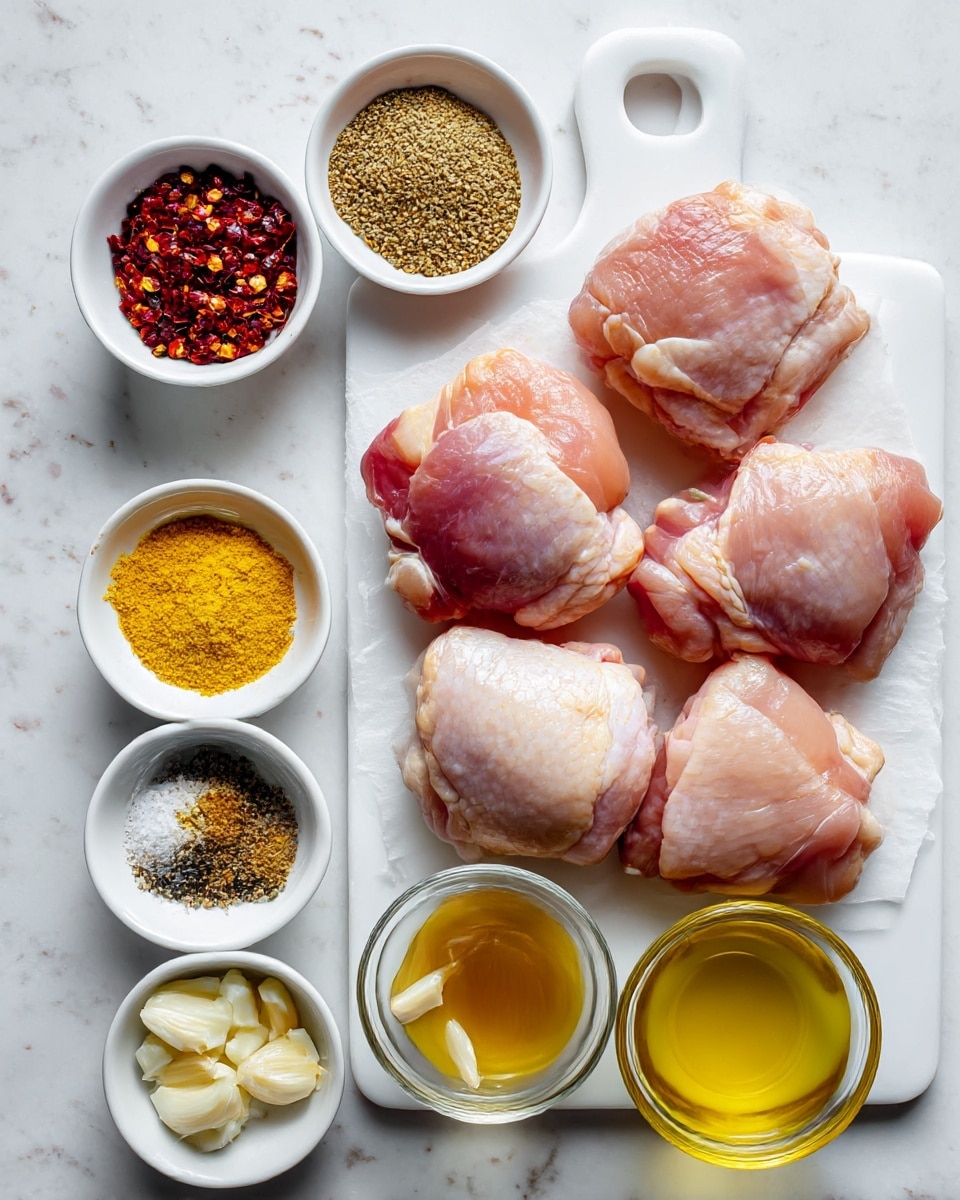 The image shows five raw chicken thighs placed on a white cutting board with a handle, positioned on a white marbled texture. To the left of the board, there are seven small white bowls arranged vertically, each containing a different ingredient: red pepper flakes with a mix of red and orange colors, whole grain mustard with a yellow and brown grainy texture, bright yellow smooth mustard, a mix of salt and black pepper in one bowl showing white and black granules, golden honey with a smooth surface, chopped garlic in a clear bowl with small white chunks, and olive oil in a clear bowl with a light yellow liquid. Each bowl is neatly placed in a row, highlighting the ingredients clearly. Photo taken with an iphone --ar 4:5 --v 7