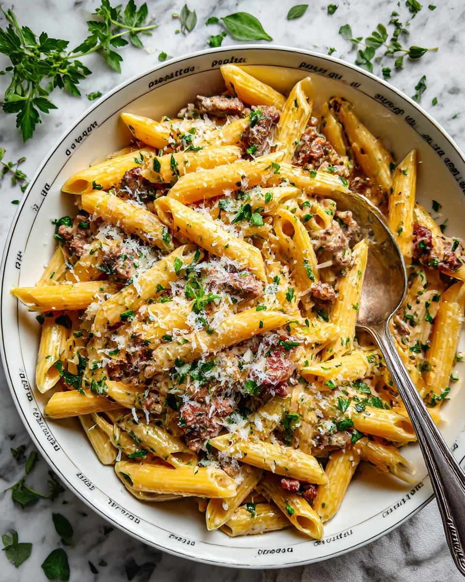 A white bowl filled with creamy orange pasta penne mixed with small pieces of cooked meat. The pasta is covered with light green chopped herbs and sprinkled with white grated cheese. A silver spoon is placed on the right side inside the bowl, resting on the pasta. The bowl sits on a white marbled surface with scattered small herb leaves around. The bowl has black text of pasta names around its rim. photo taken with an iphone --ar 4:5 --v 7