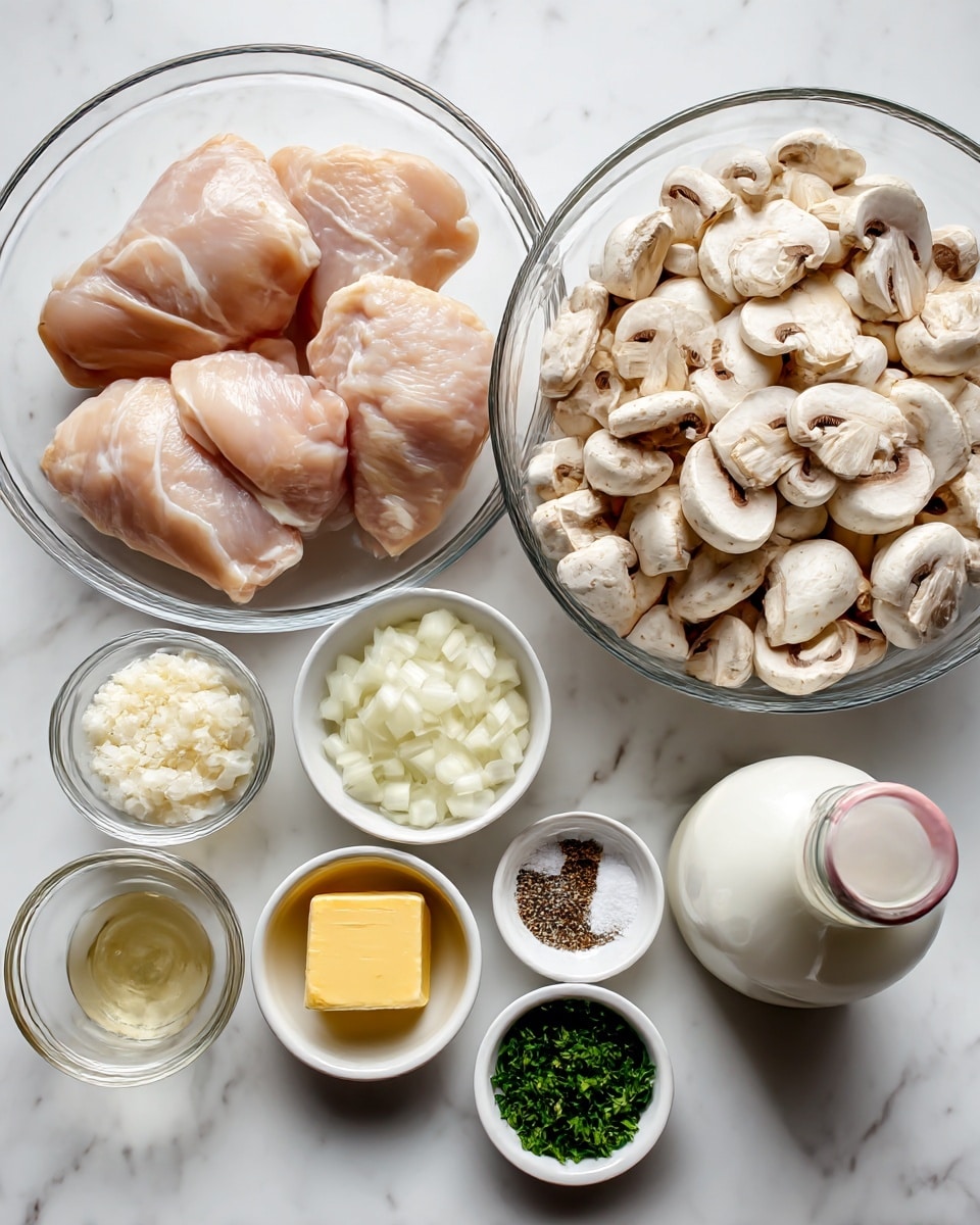 The image shows several clear glass bowls and a white bottle arranged neatly on a white marbled surface. In the top left is a large bowl filled with three smooth, pale pink chicken pieces. To the right is a bigger bowl full of many sliced mushrooms that are white with light brown edges. Below the chicken, there is a small bowl with diced white onion pieces. Next to it is a small bowl of minced garlic, a small mound of white flour, and a small bowl of mixed salt and black pepper. A small bowl holds a square of pale yellow butter. A white rounded dish contains chopped green parsley, and between the chicken and mushrooms is a white bottle of cream with a pink cap. Near the center is a clear bowl holding pale yellow wine. The setting is bright and clean, with all items sharply visible against the white marbled background photo taken with an iphone --ar 4:5 --v 7