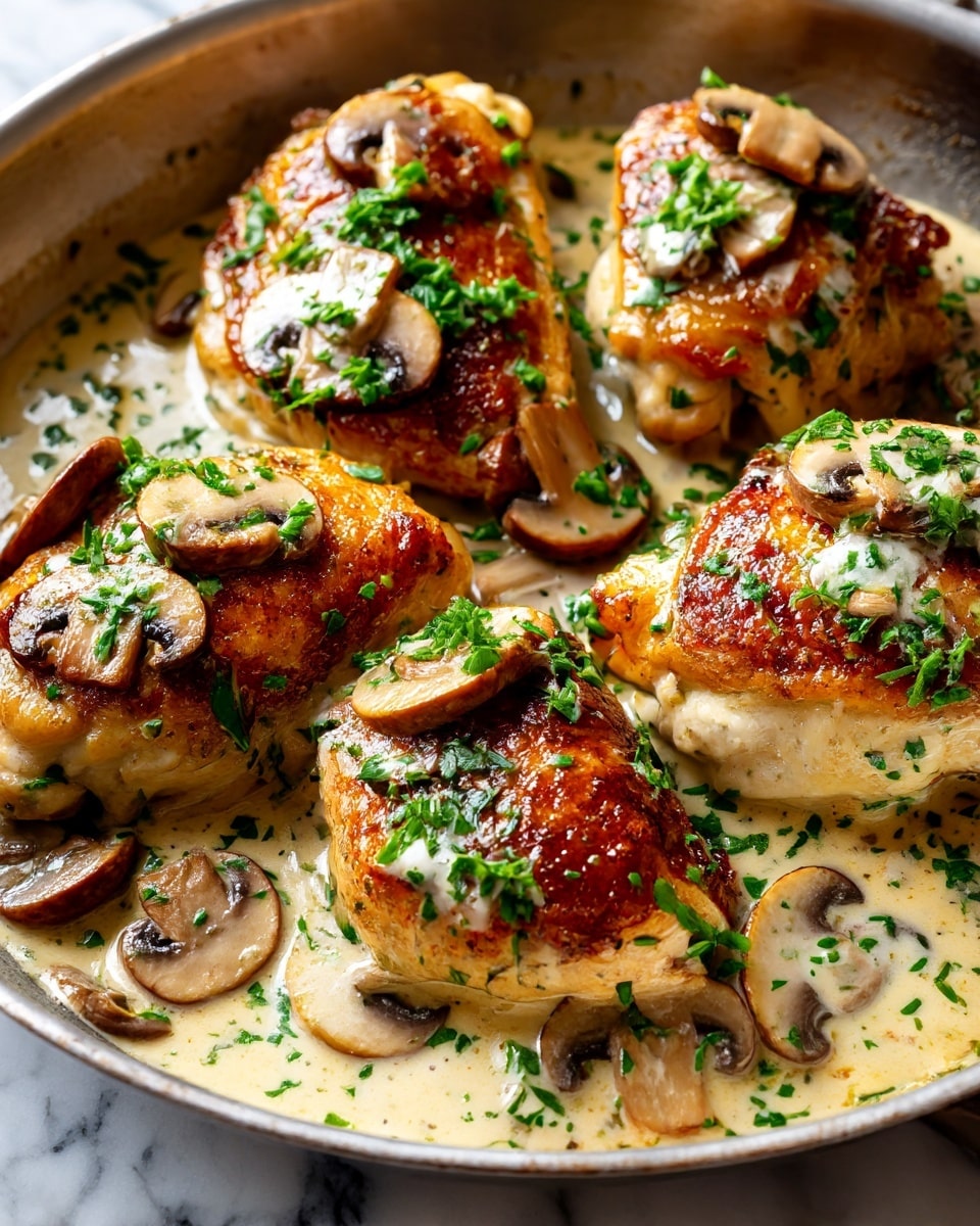 A close-up view of four pieces of golden-brown chicken in a skillet covered with creamy beige sauce mixed with sliced light brown mushrooms. The chicken pieces are topped with additional mushroom slices and sprinkled with bright green chopped herbs, all resting on a white marbled textured surface. The sauce looks thick and smooth, creating a rich base for the dish. photo taken with an iphone --ar 4:5 --v 7