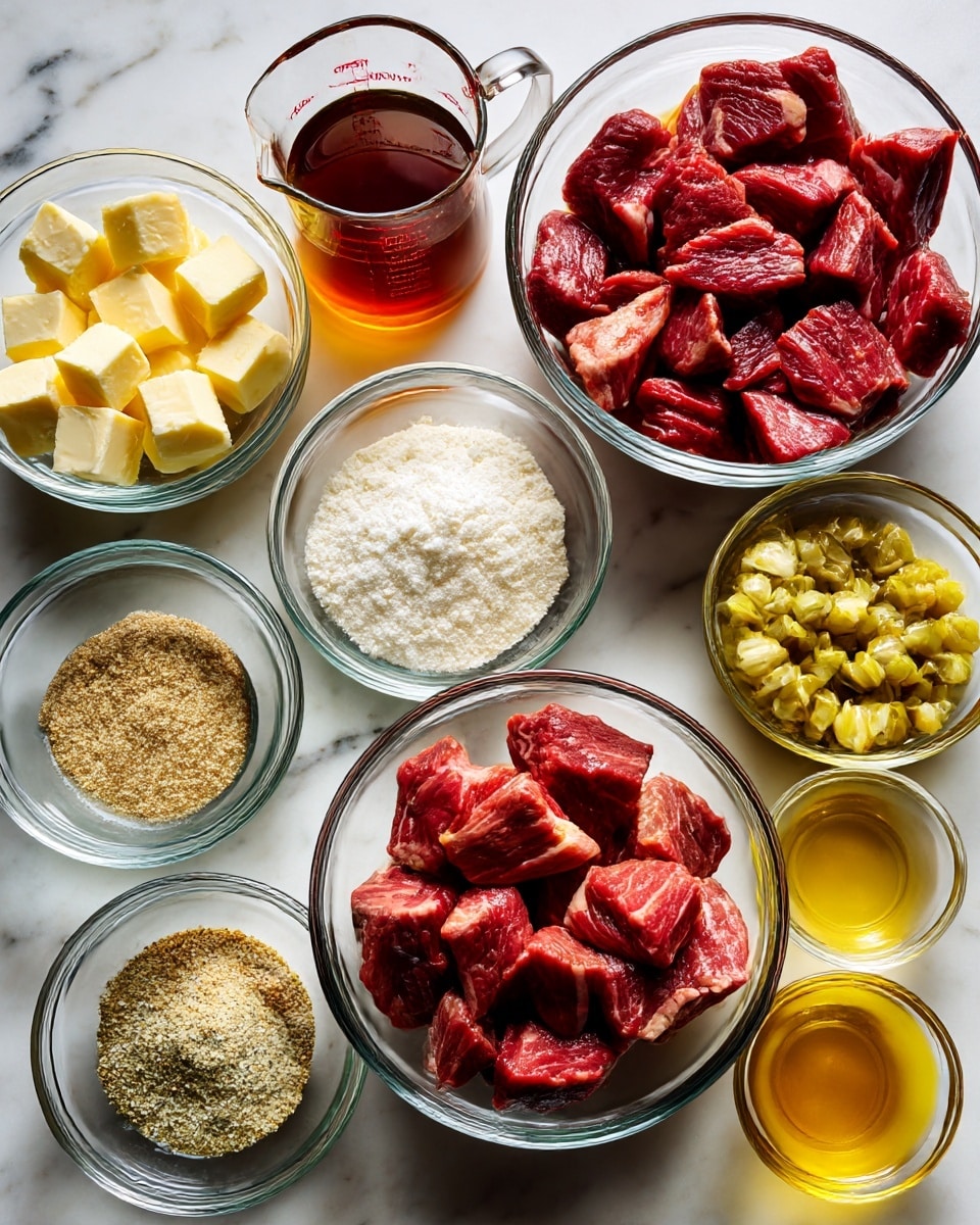 The image shows a white marbled surface with nine small clear glass bowls arranged in a loose grid, each holding a different ingredient for cooking. Starting from the top left, there is a bowl with small white and yellow cubes of butter, a measuring cup filled with amber-colored beef broth, and a larger bowl on the right filled with raw, reddish chuck roast cut into chunks. Below, there is a bowl of white cornstarch powder, a bowl with a mix of onion soup seasoning in light brown and beige tones, and a bowl of yellow-green pepperoncini peppers. At the bottom left, there is an empty bowl with clear water, next to it a bowl with dry ranch seasoning in a whitish color with green flecks, and finally a bowl filled with light yellow pepperoncini juice next to another bowl with golden olive oil. Photo taken with an iphone --ar 4:5 --v 7