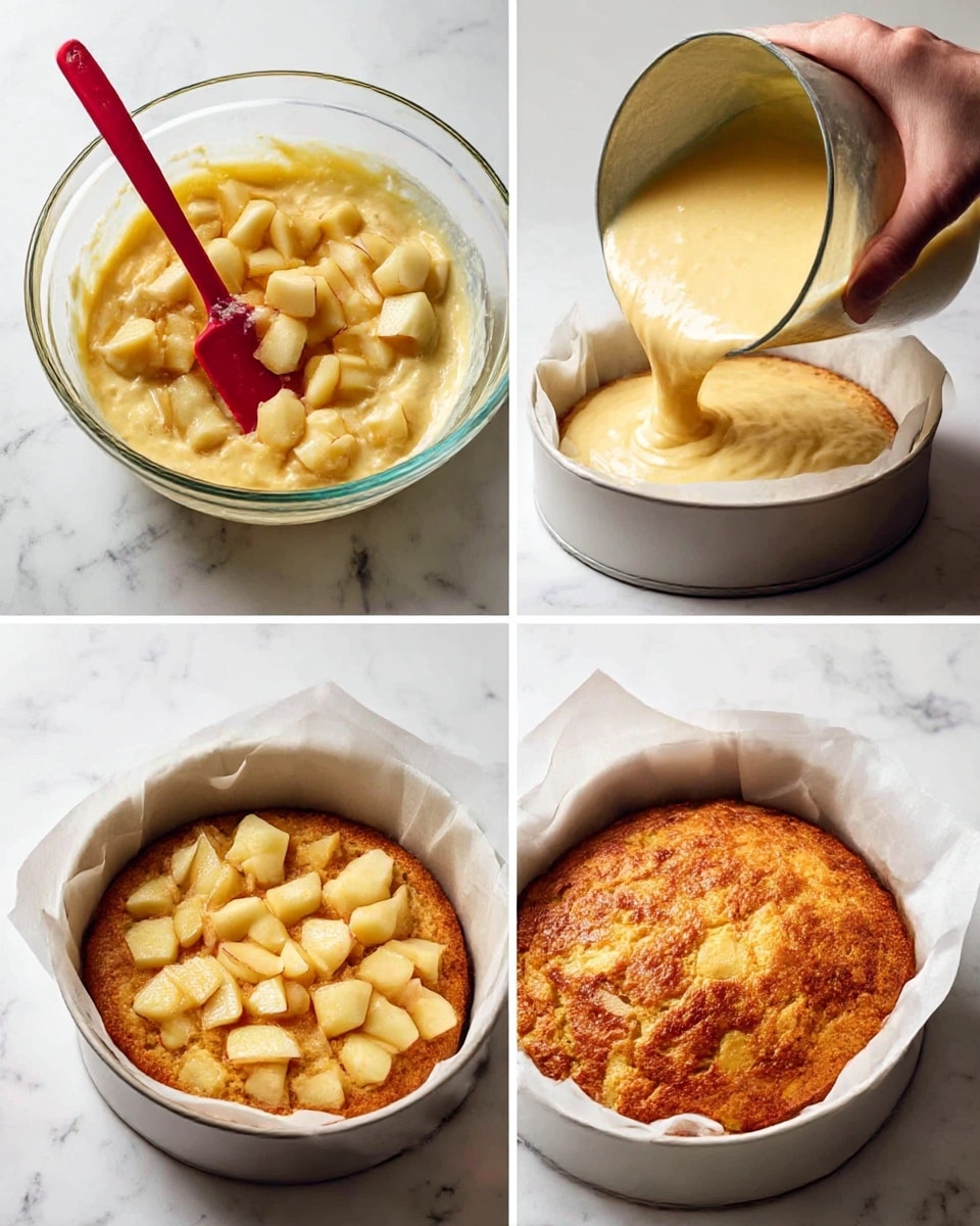 The image shows four steps of making a cake. In the first part, a large clear glass bowl contains a light yellow batter with chunks of peeled apple cubes on top, with a red spatula resting inside. In the second part, a woman's hand is pouring thick, creamy yellow batter from the glass bowl into a round white cake pan lined with white parchment paper, filling the pan about halfway. In the third part, the round white cake pan is filled with the batter, and the apple cubes are scattered evenly on top, partially submerged in the batter. In the last part, the baked cake is in the same cake pan, showing a golden brown, slightly cracked top with a textured surface. All items rest on a white marbled surface. Photo taken with an iphone --ar 4:5 --v 7